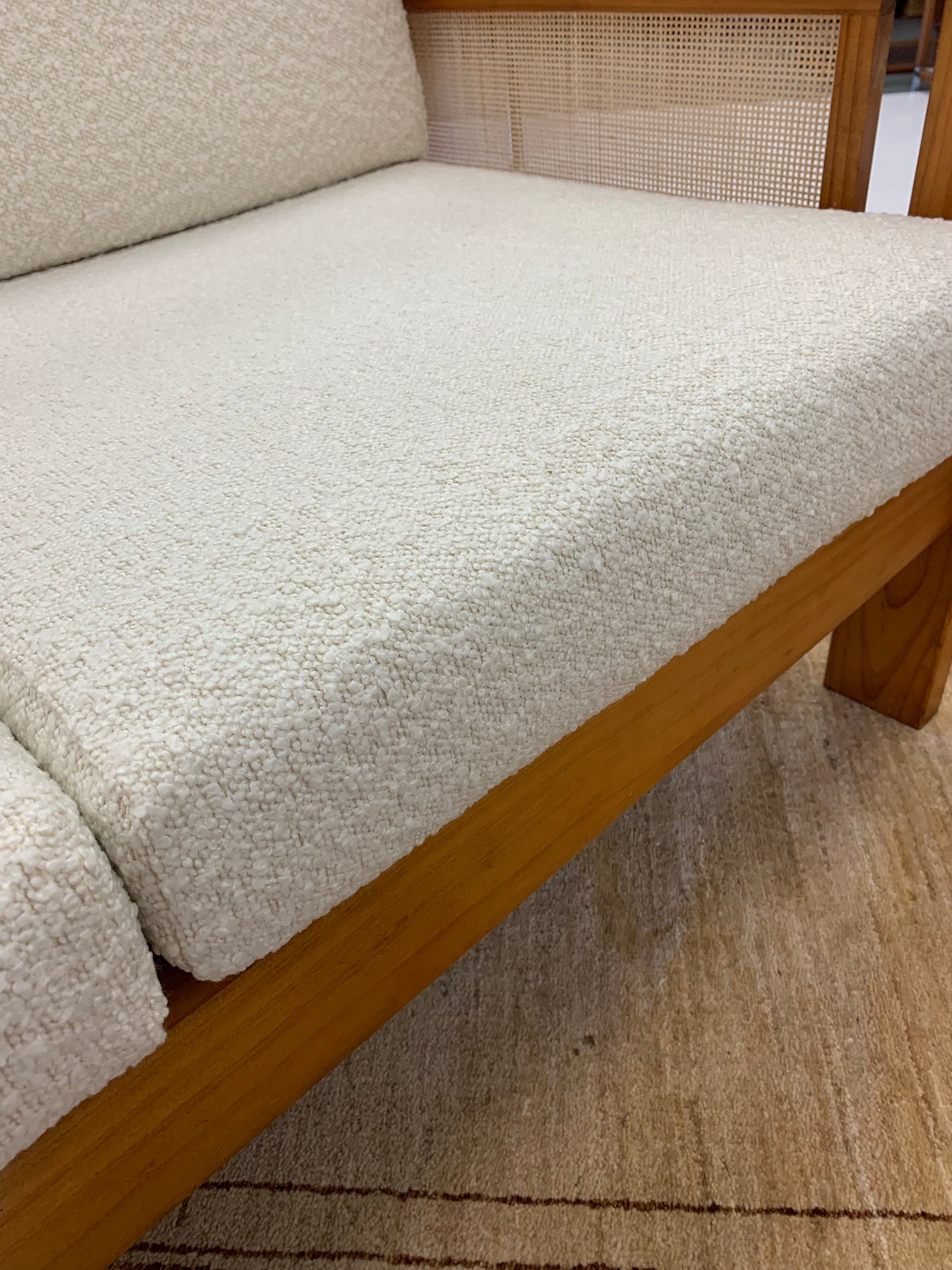 Pine and Rattan Boucle Two Seater Sofa