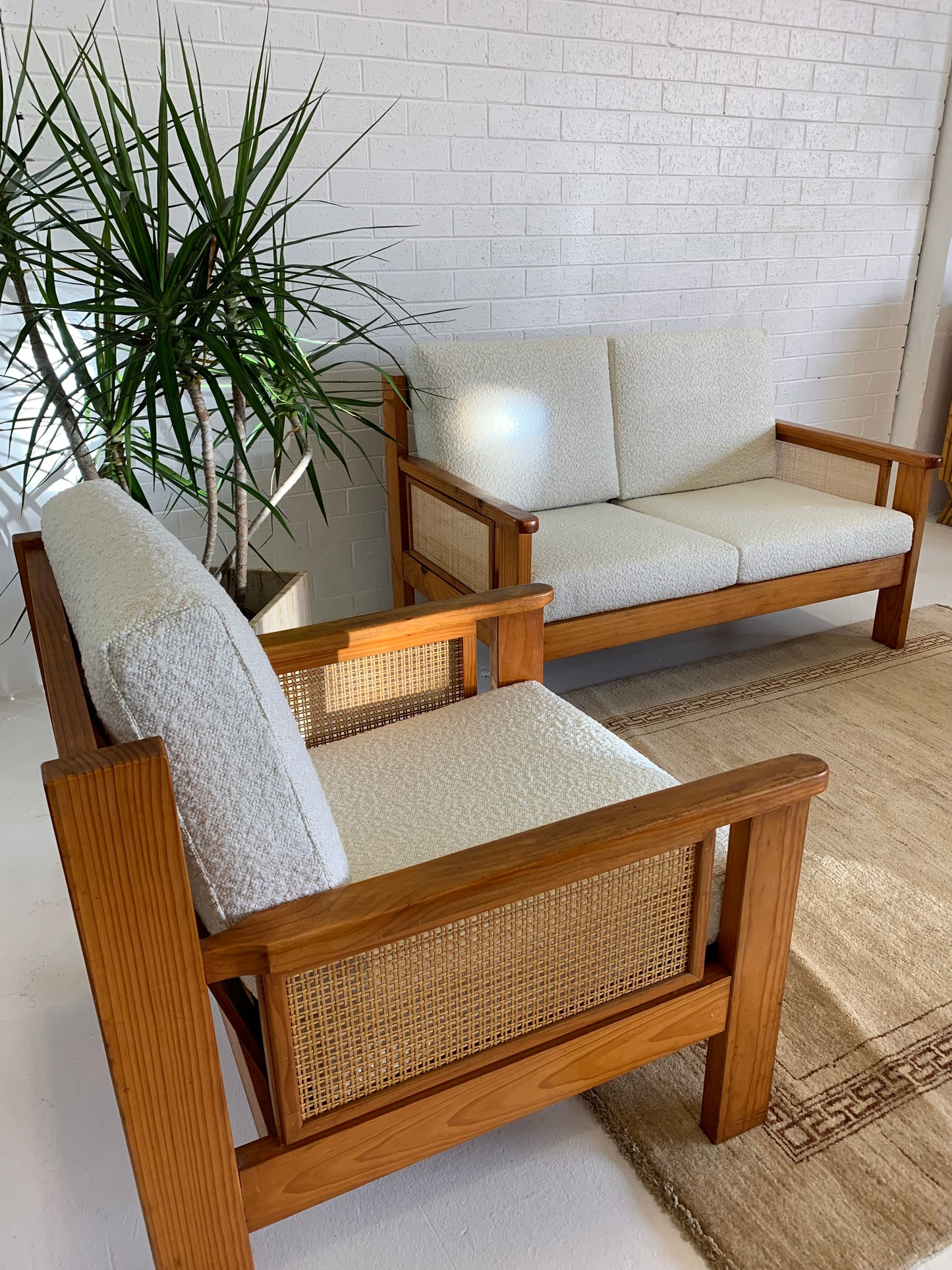 Pine and Rattan Boucle Two Seater Sofa