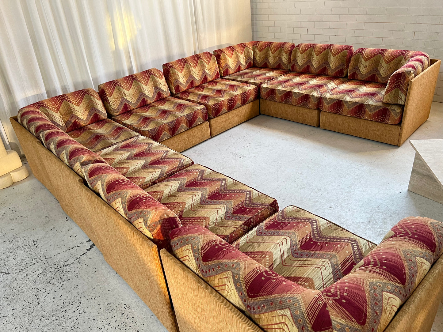 Vintage 9 Piece Geometric Corduroy Modular Sofa & Ottoman (Set)