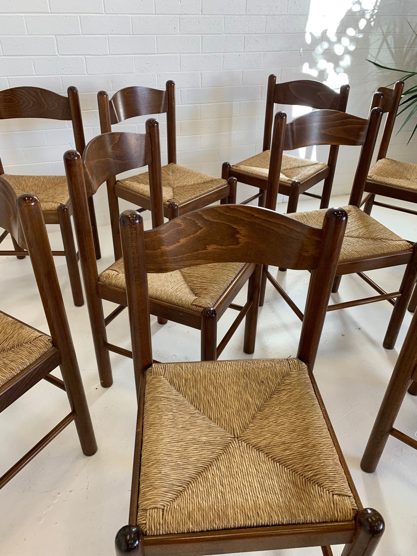 Vintage Timber Rush Dining Chairs - Eight Available