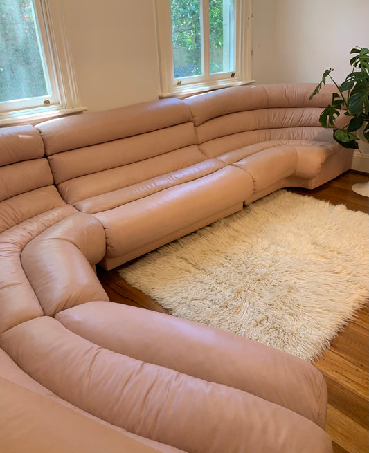 Vintage Modular Curved Blush Pink Leather Sofa