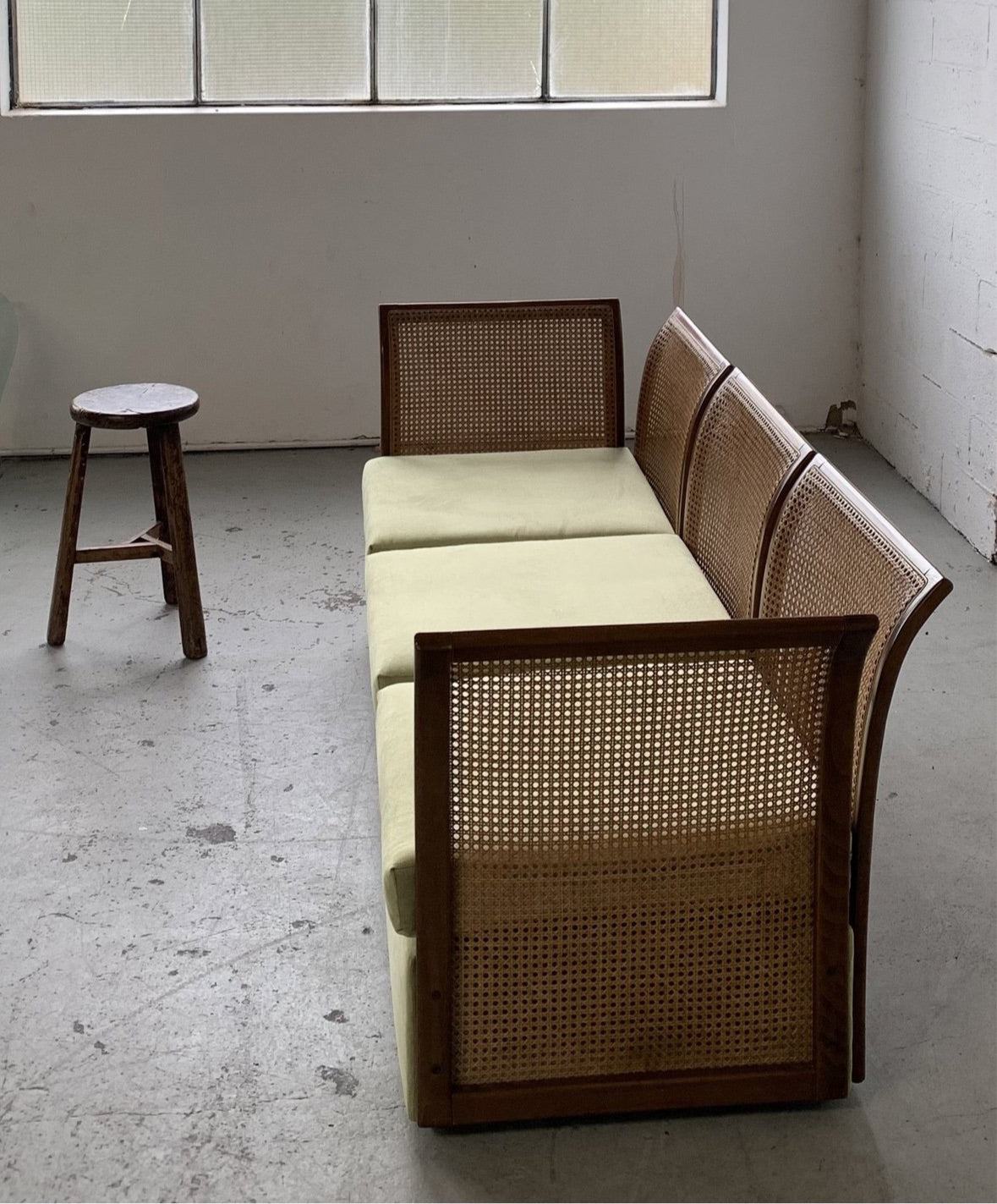 Refurbished Velvet & Rattan Sofa, Circa 1960-70