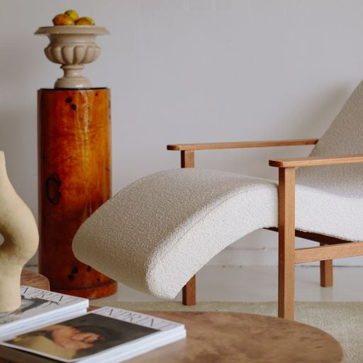 Sculptural Boucle & Wooden Chaise Lounge Chair