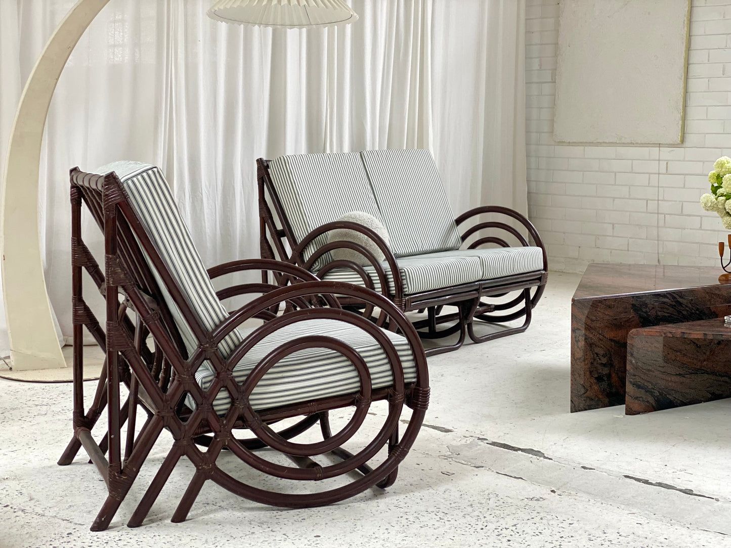 Vintage Dark Bamboo Armchair - Coffee Stripe