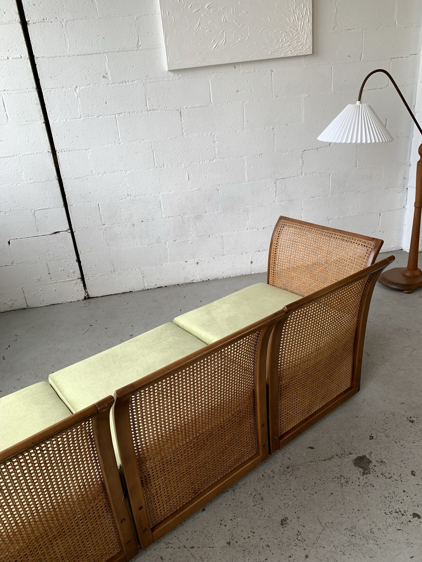 Refurbished Velvet & Rattan Sofa, Circa 1960-70