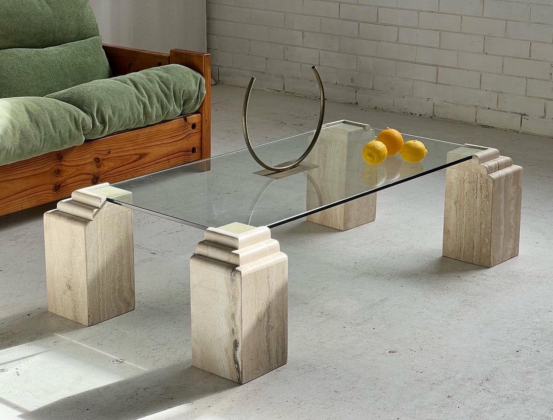 Vintage Glass & Travertine Coffee Table
