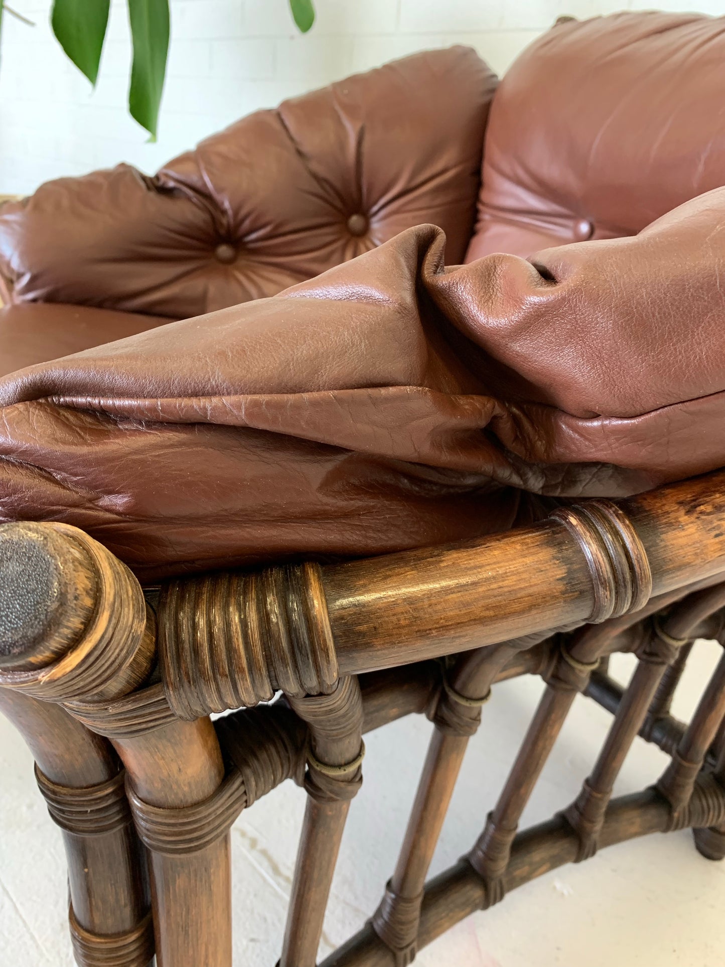 Vintage Cane and Leather Armchair + Ottoman