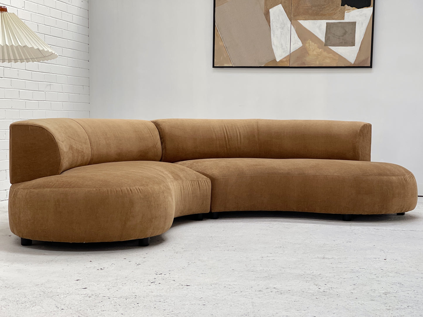Curved Dark Caramel Chambray Velvet Sofa