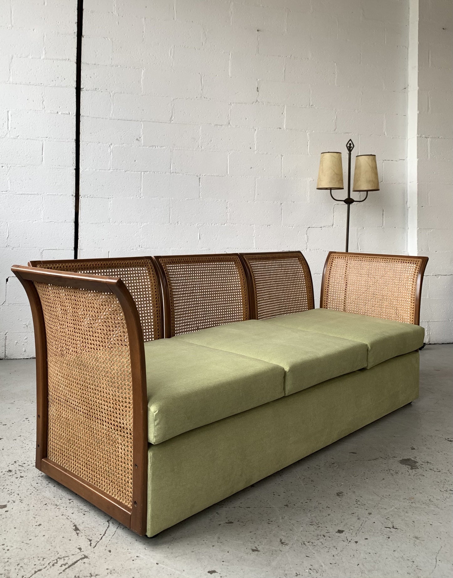 Refurbished Velvet & Rattan Sofa, Circa 1960-70