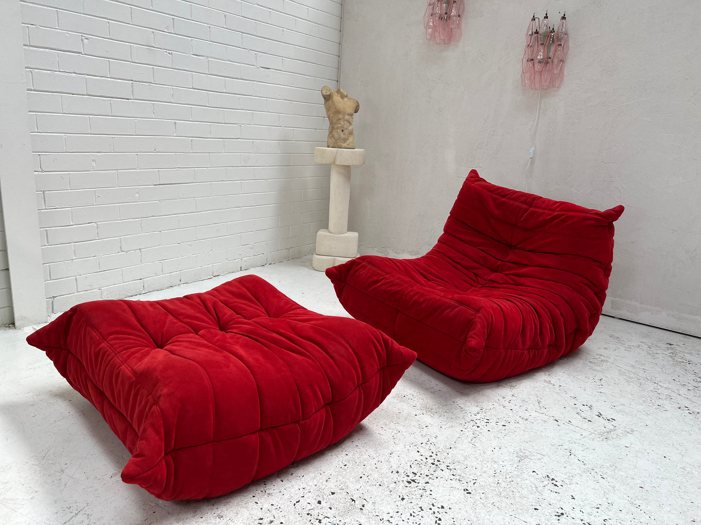 Vintage Ligne Roset Togo Fireside & Ottoman Set - Red Suede