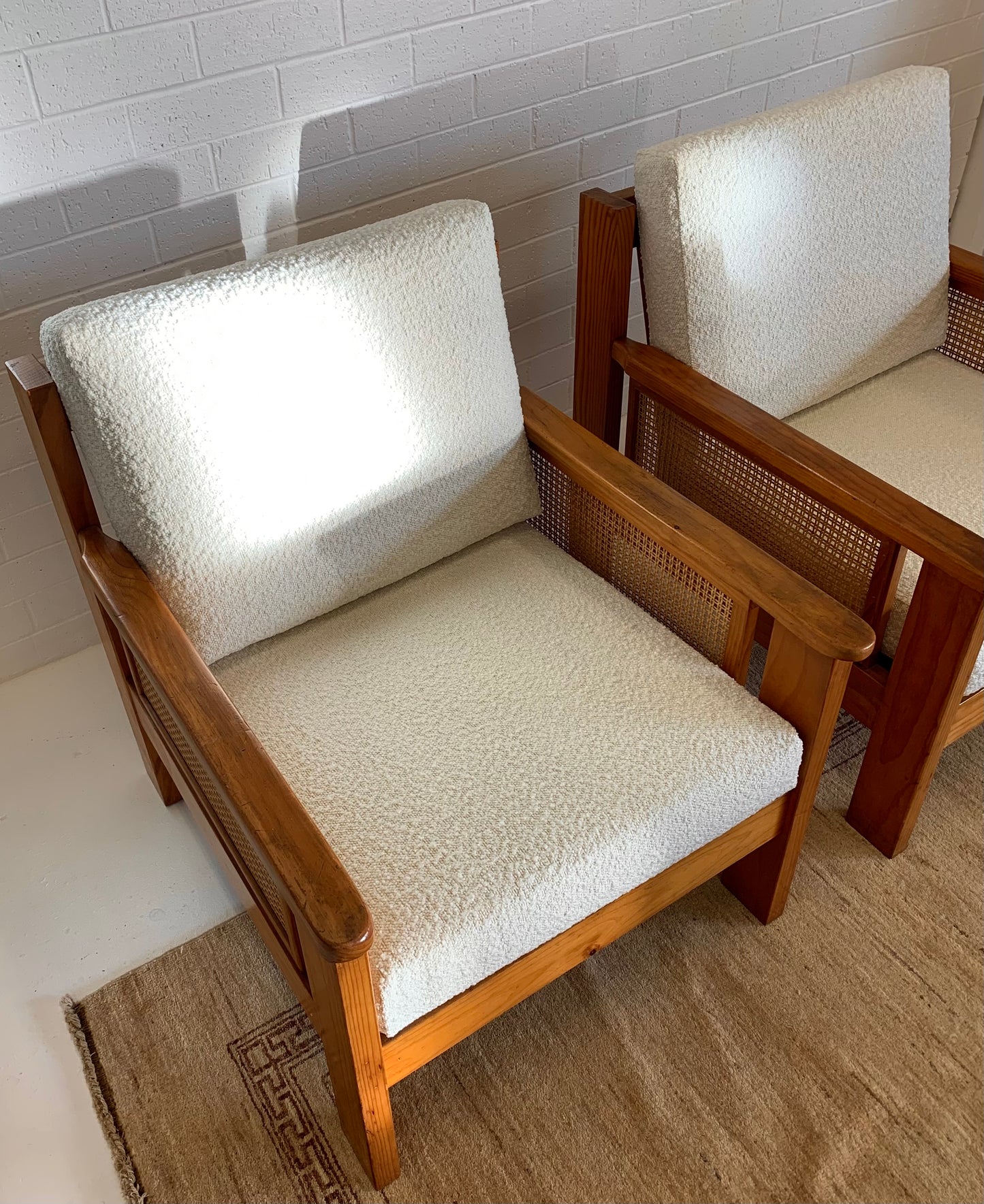 Pine and Rattan Boucle Armchair - Two Available