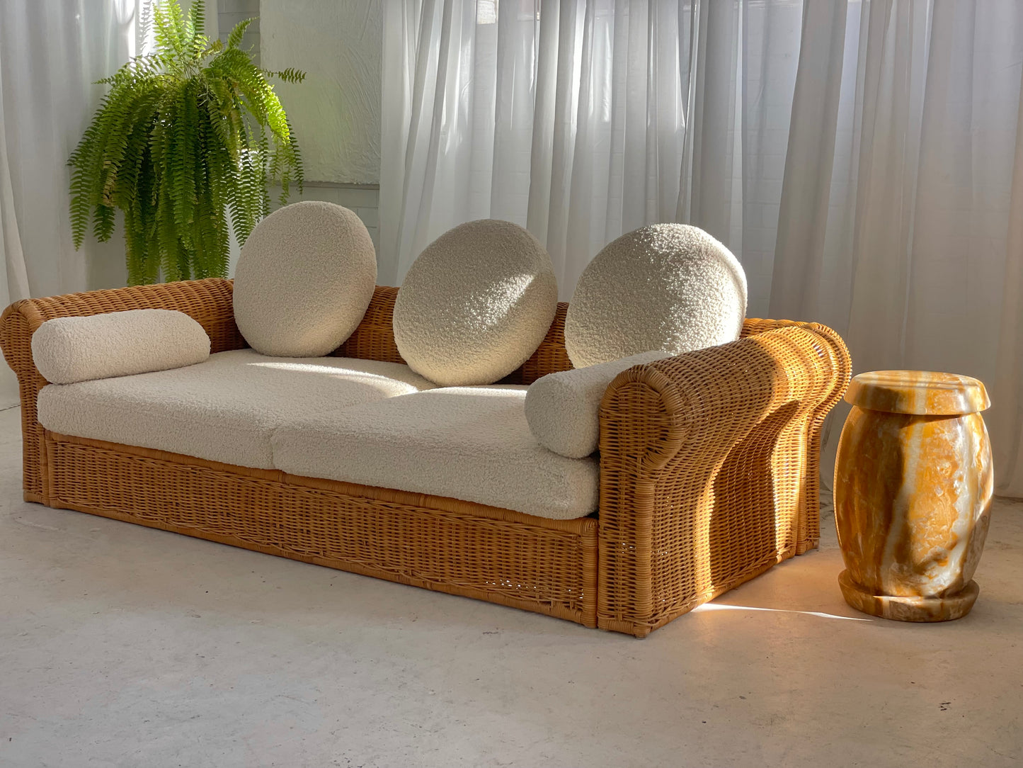 Vintage Cane and Boucle Lounge / Day Bed