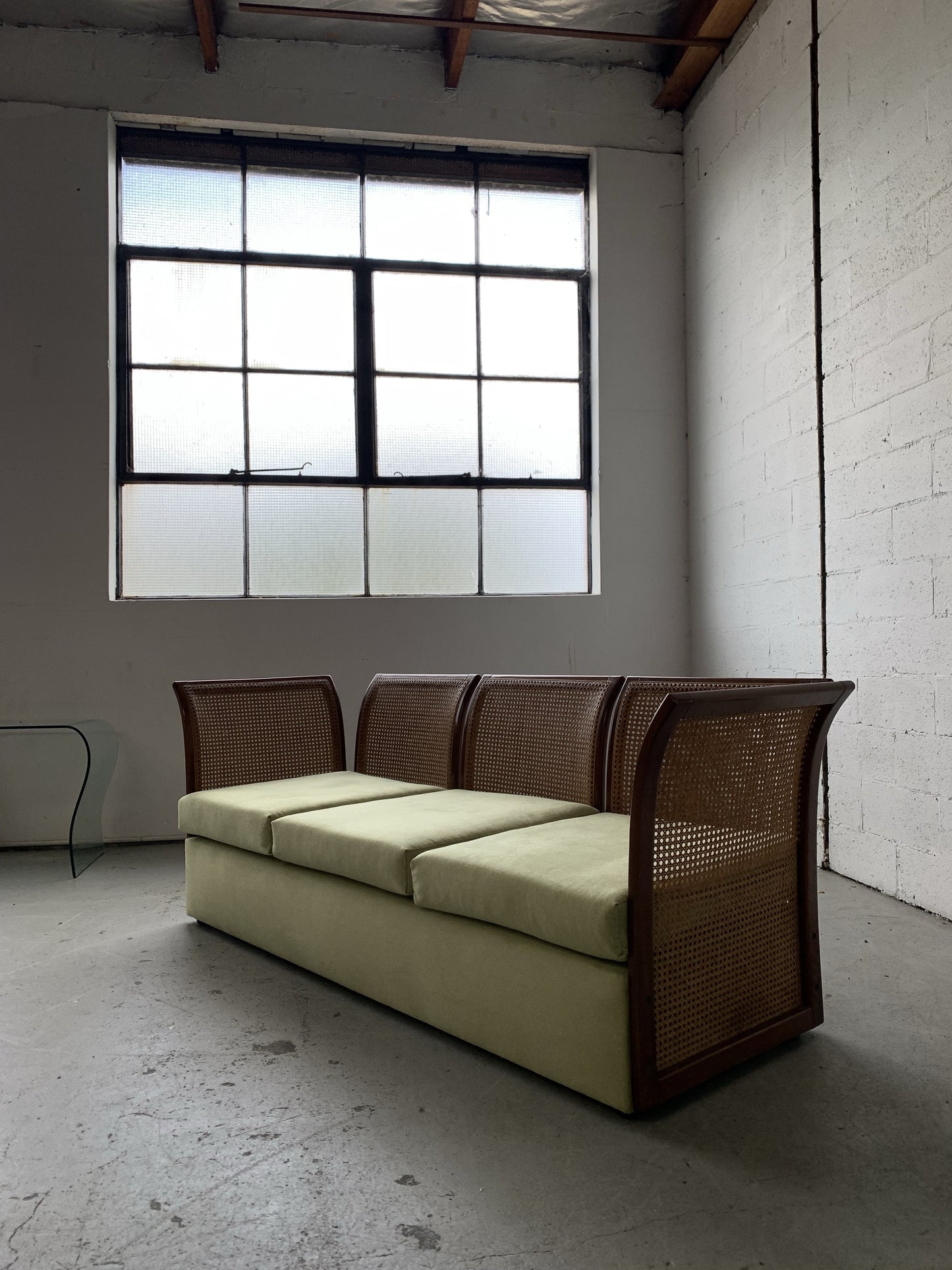 Refurbished Velvet & Rattan Sofa, Circa 1960-70