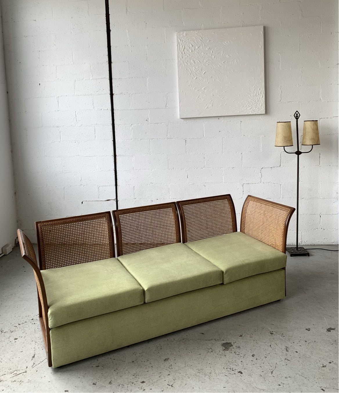 Refurbished Velvet & Rattan Sofa, Circa 1960-70