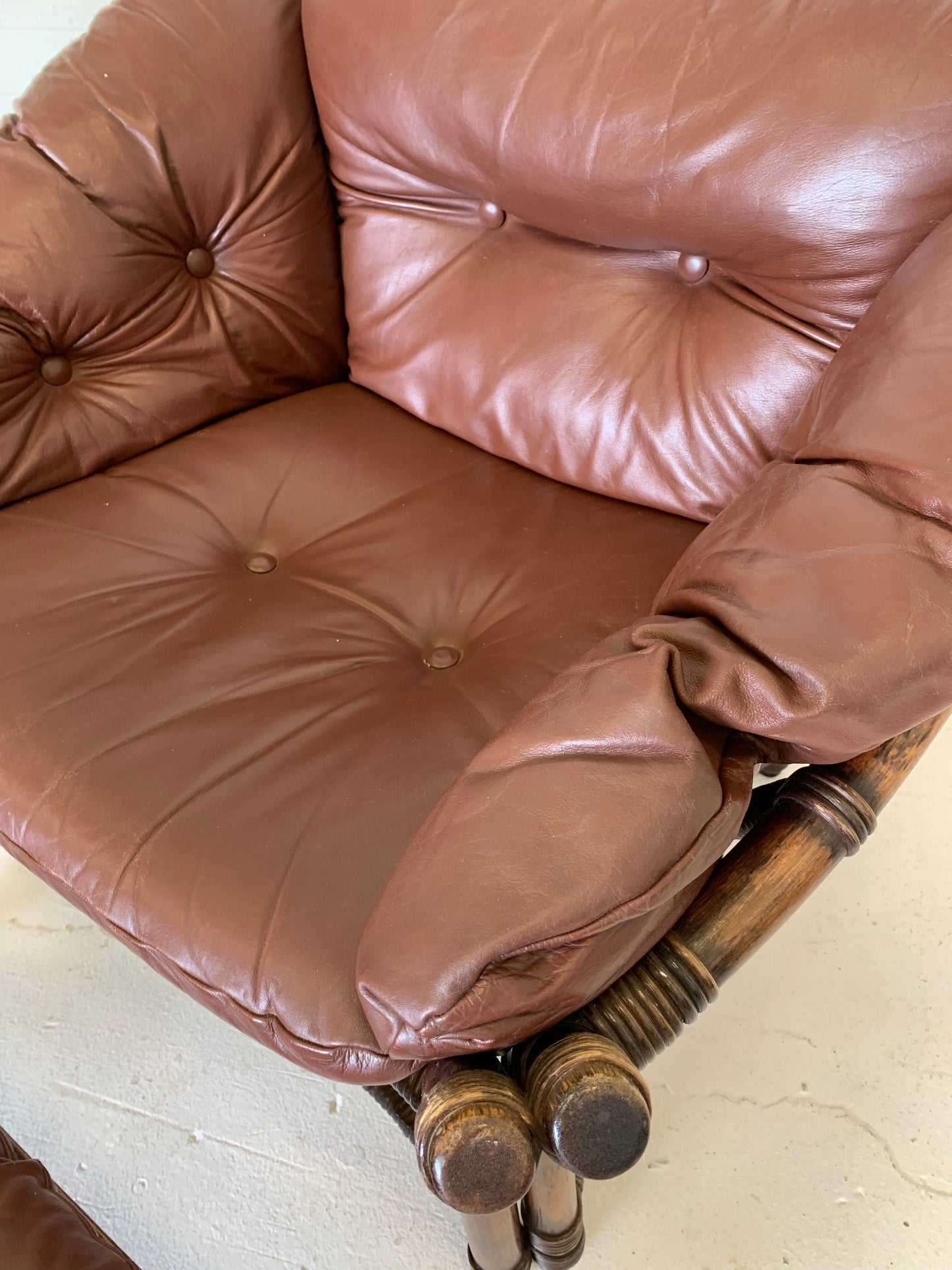 Vintage Cane and Leather Armchair + Ottoman