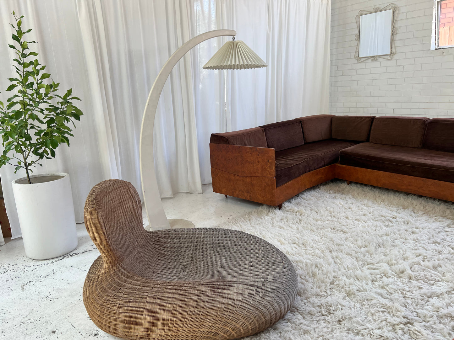 Vintage Burl Wood Velvet Modular Sofa
