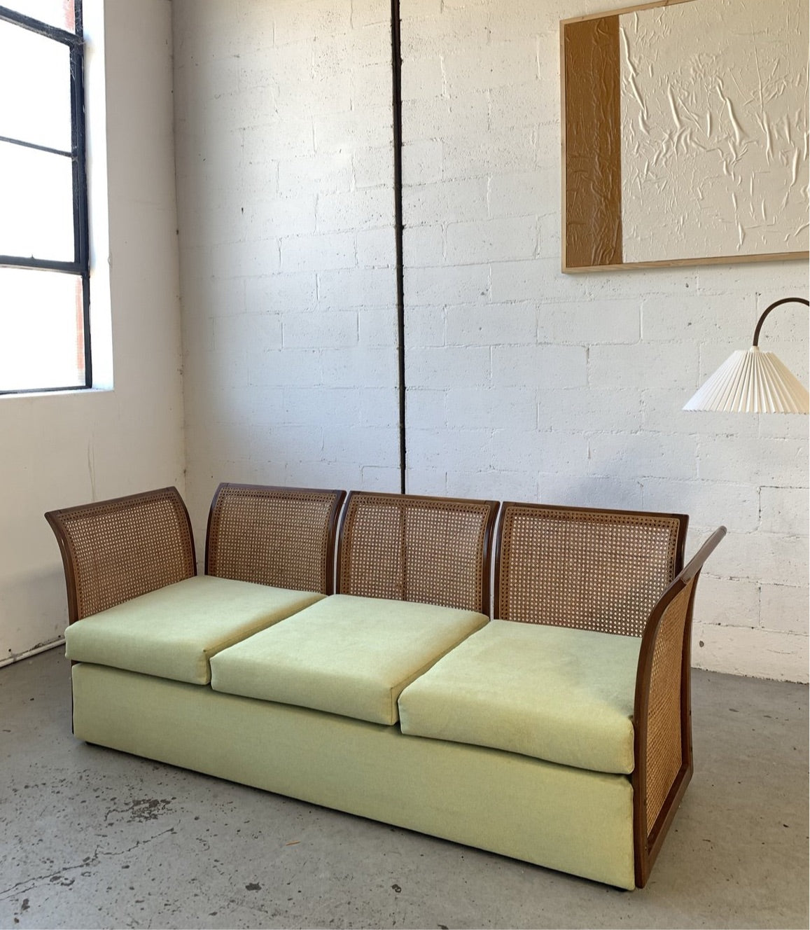 Refurbished Velvet & Rattan Sofa, Circa 1960-70