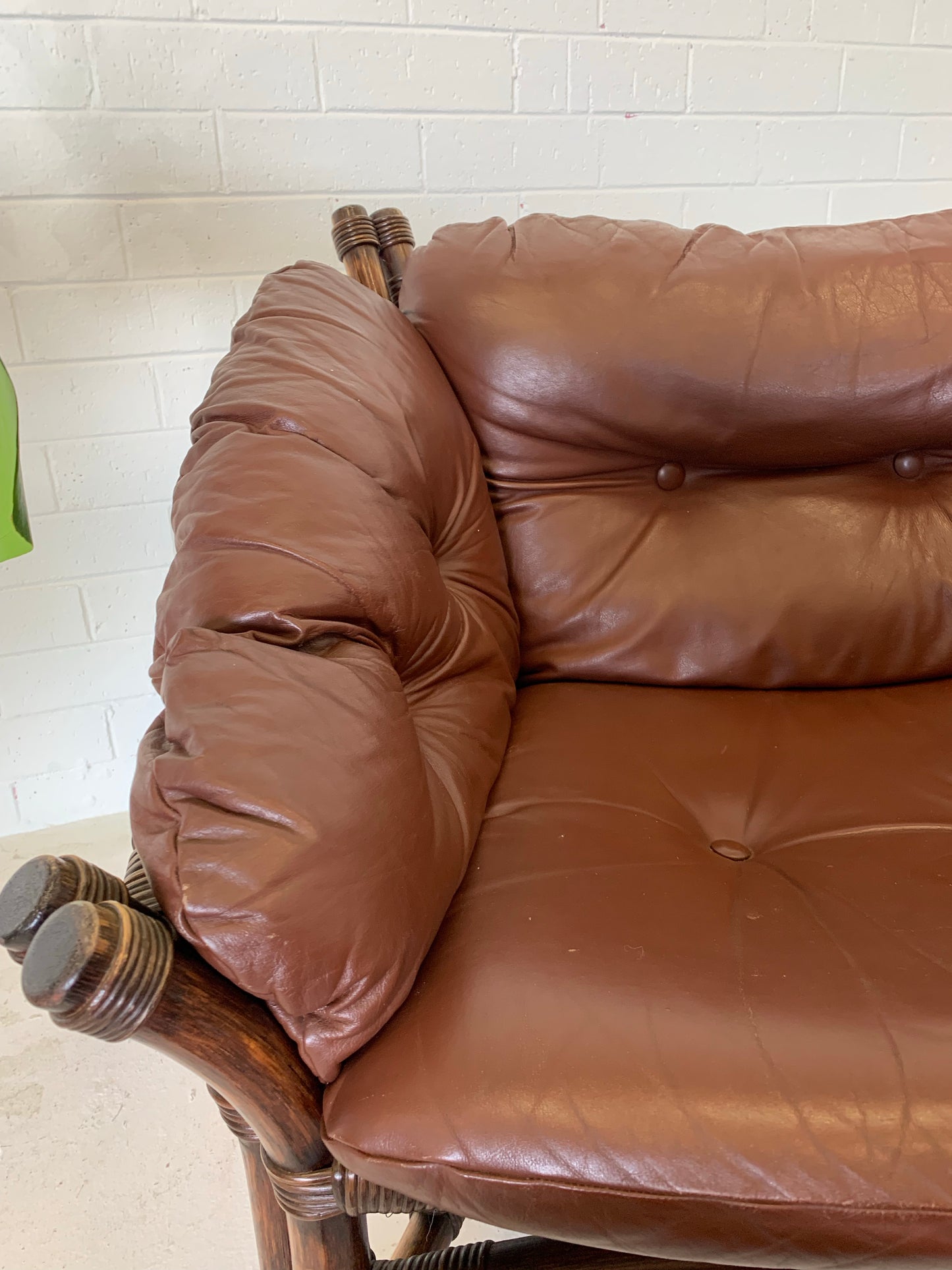Vintage Cane and Leather Armchair + Ottoman
