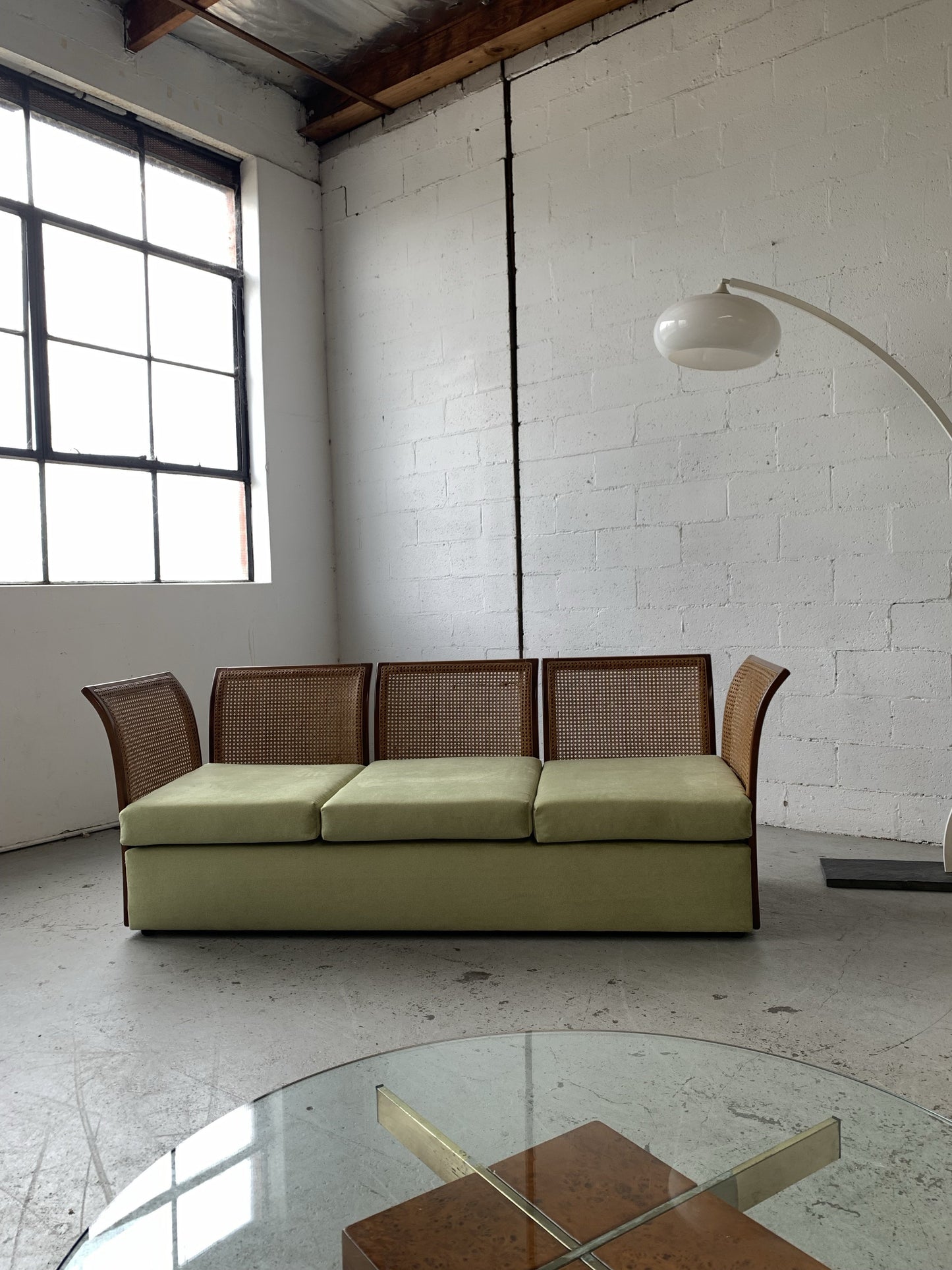 Refurbished Velvet & Rattan Sofa, Circa 1960-70