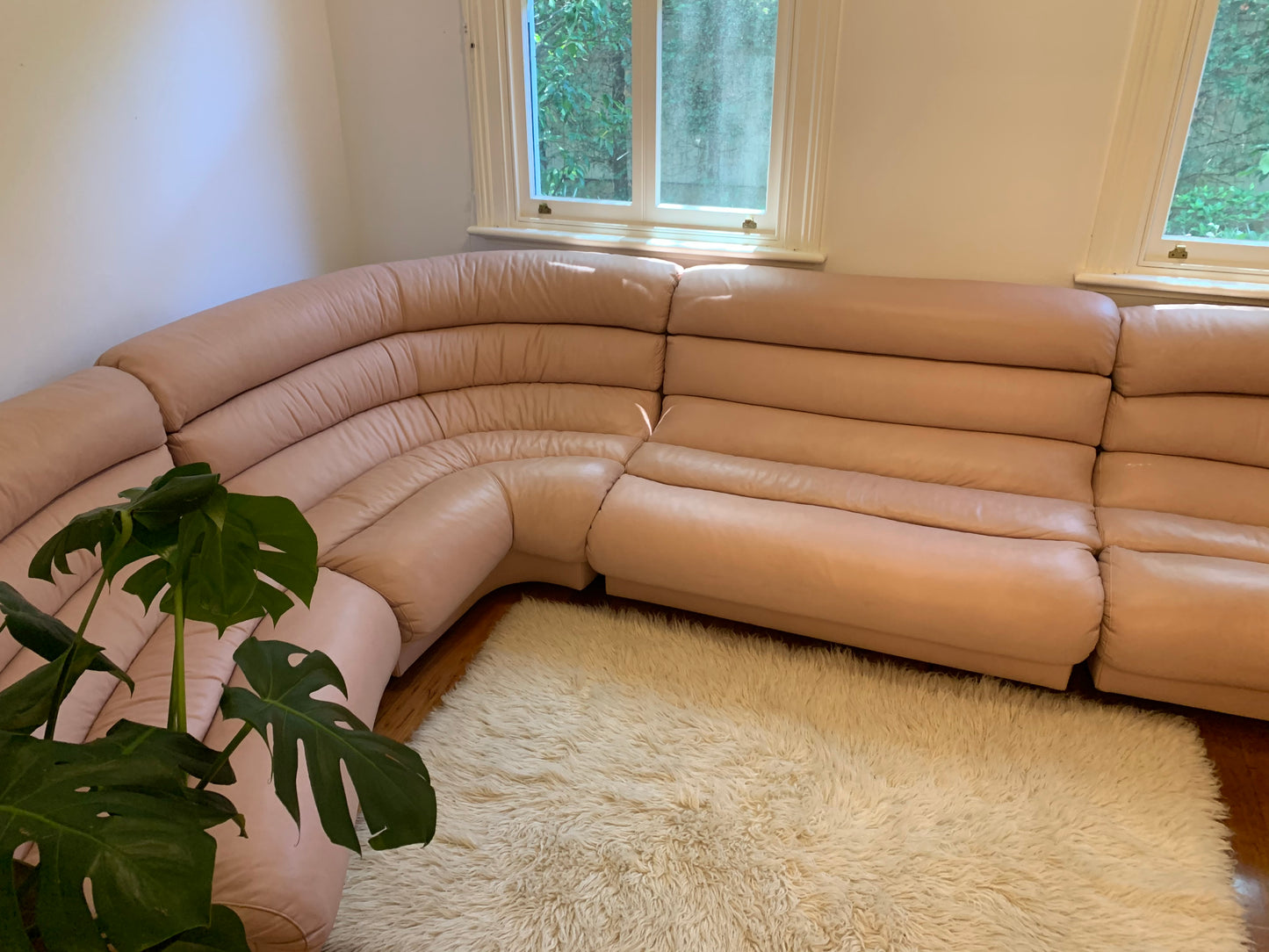 Vintage Modular Curved Blush Pink Leather Sofa