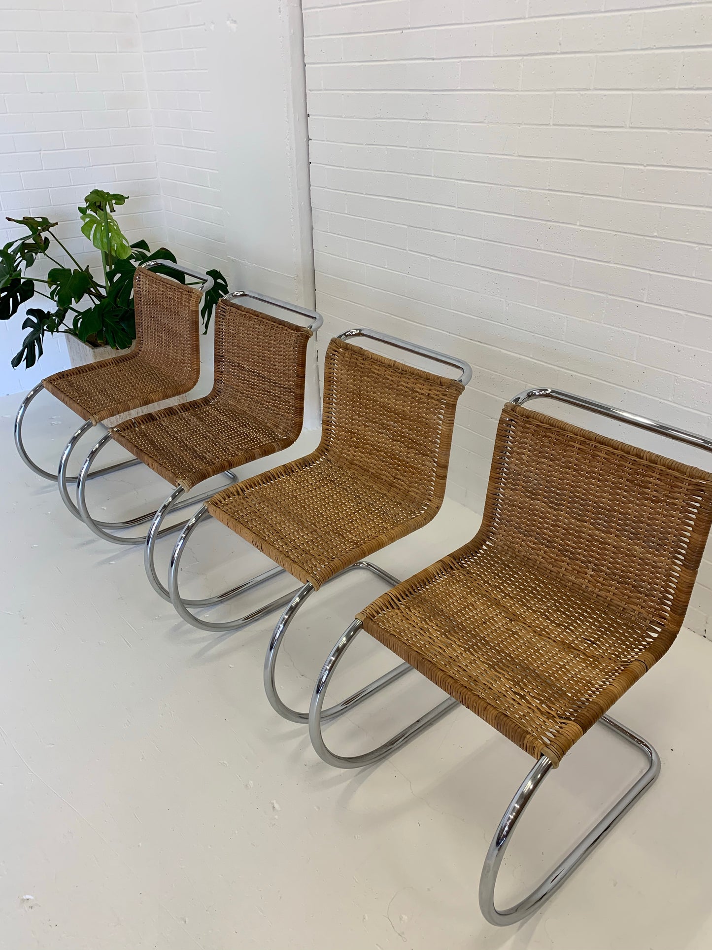 Vintage Cantilever Wicker and Chrome Dining Chairs