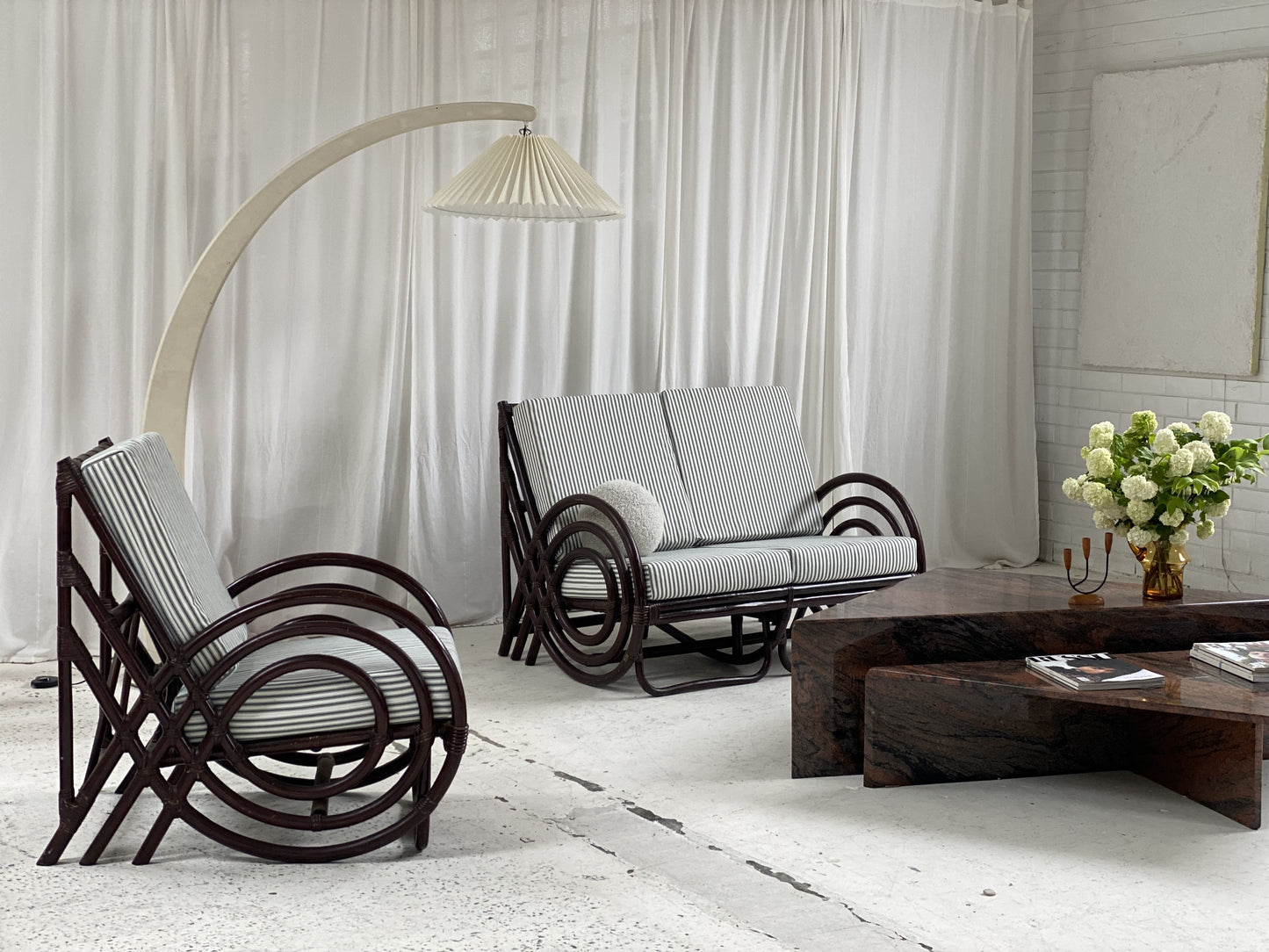 Vintage Dark Bamboo Armchair - Coffee Stripe