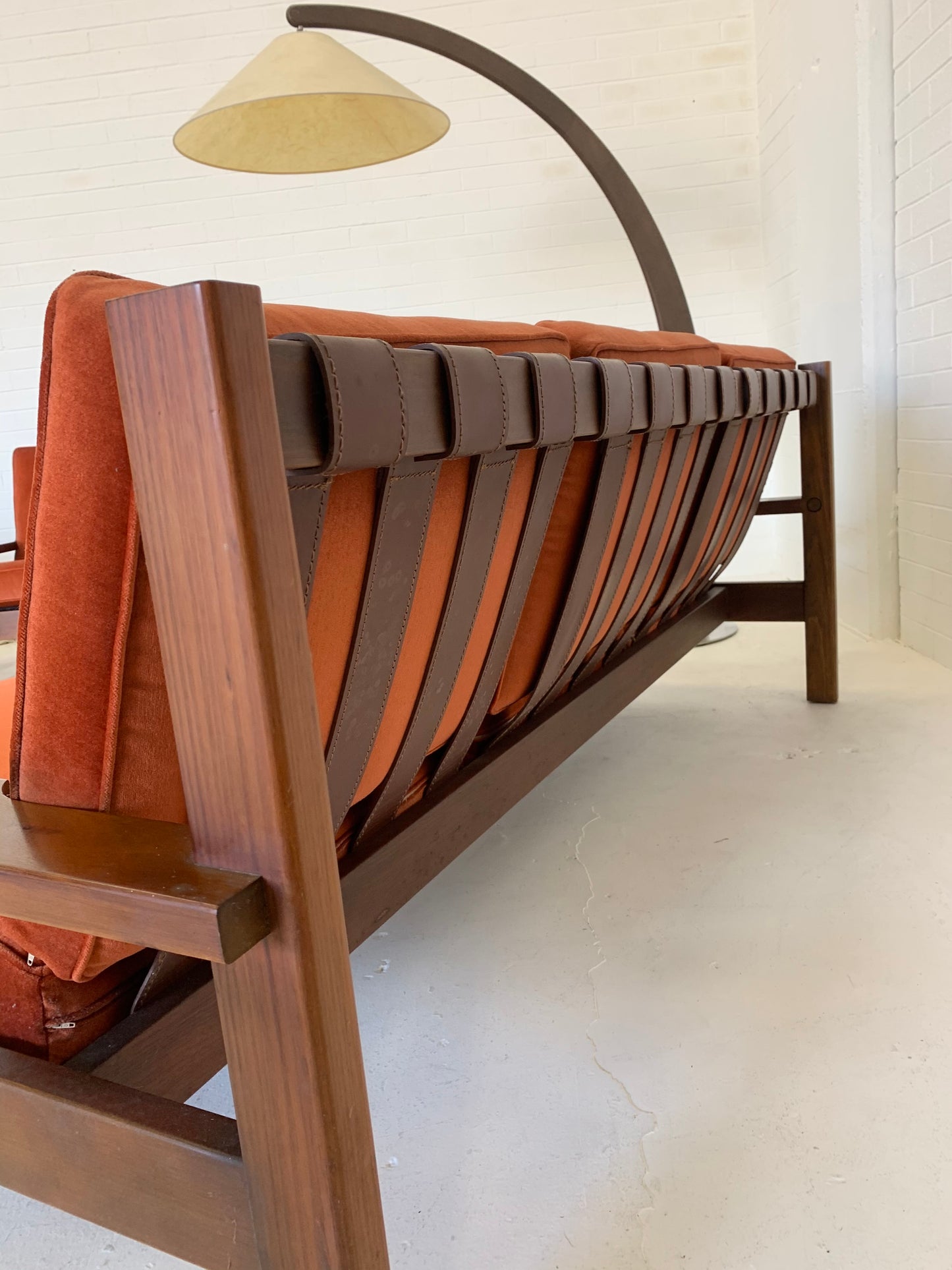 Mid Century Rust Velvet Plank Sofa