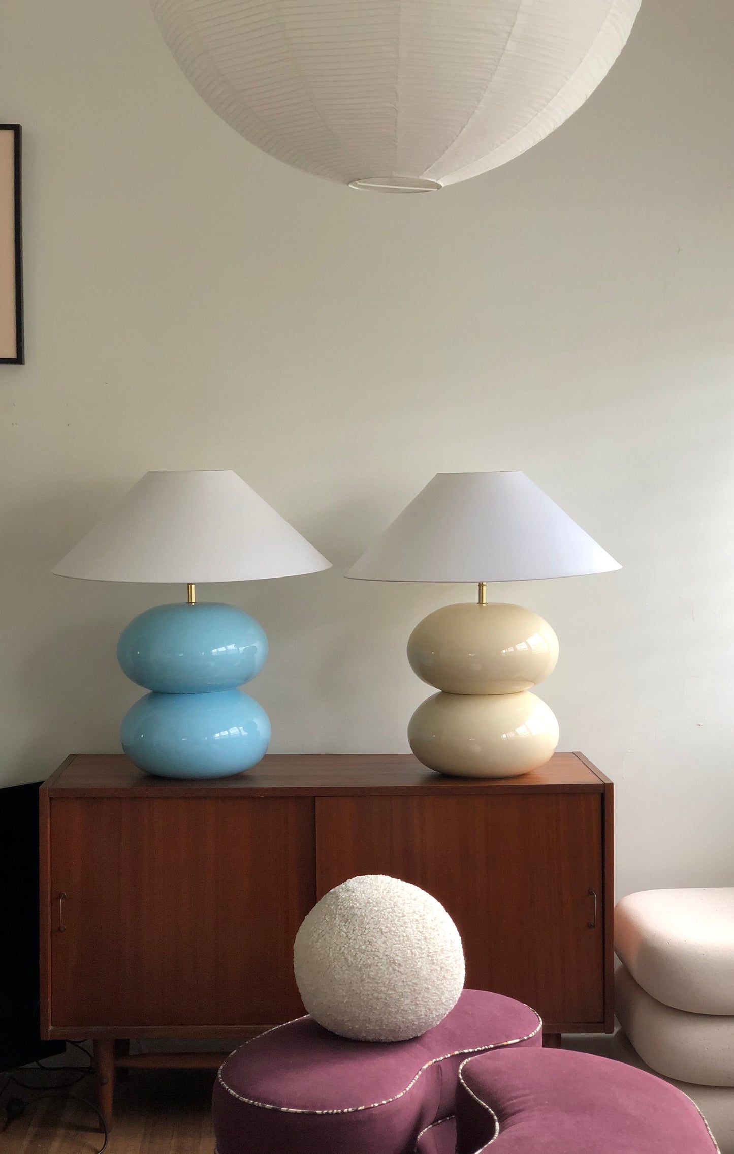 Powder Blue Double Bubble Lamp with White Conical Shade