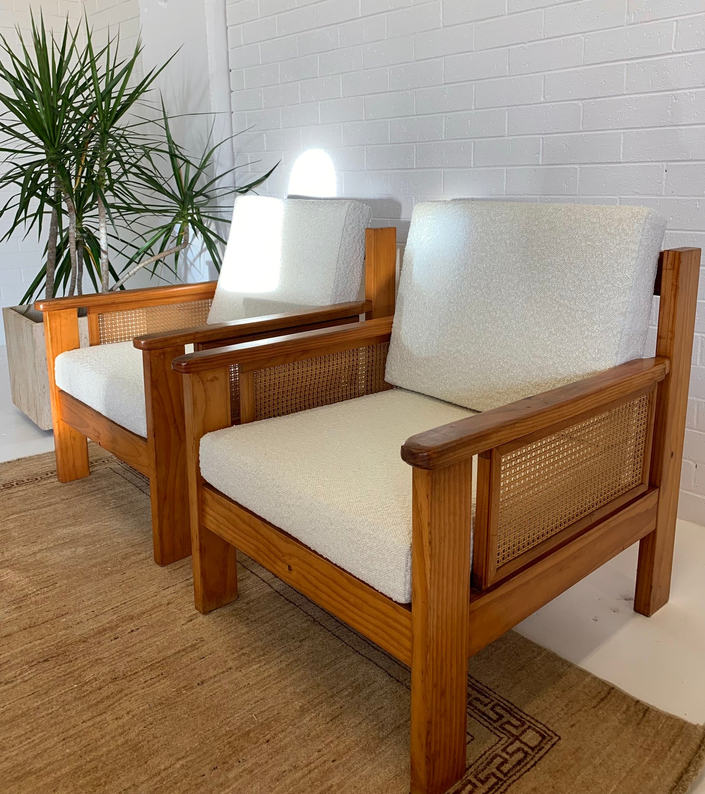 Pine and Rattan Boucle Armchair - Two Available
