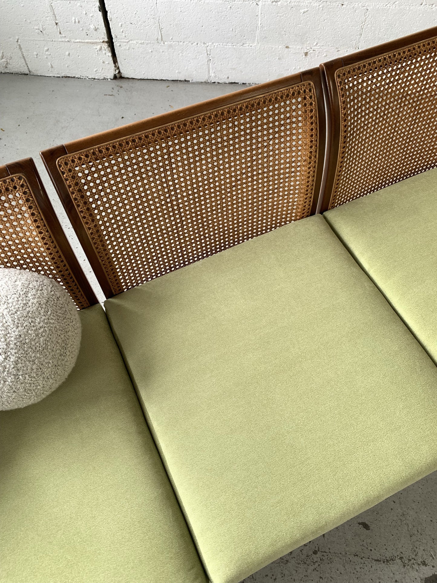 Refurbished Velvet & Rattan Sofa, Circa 1960-70