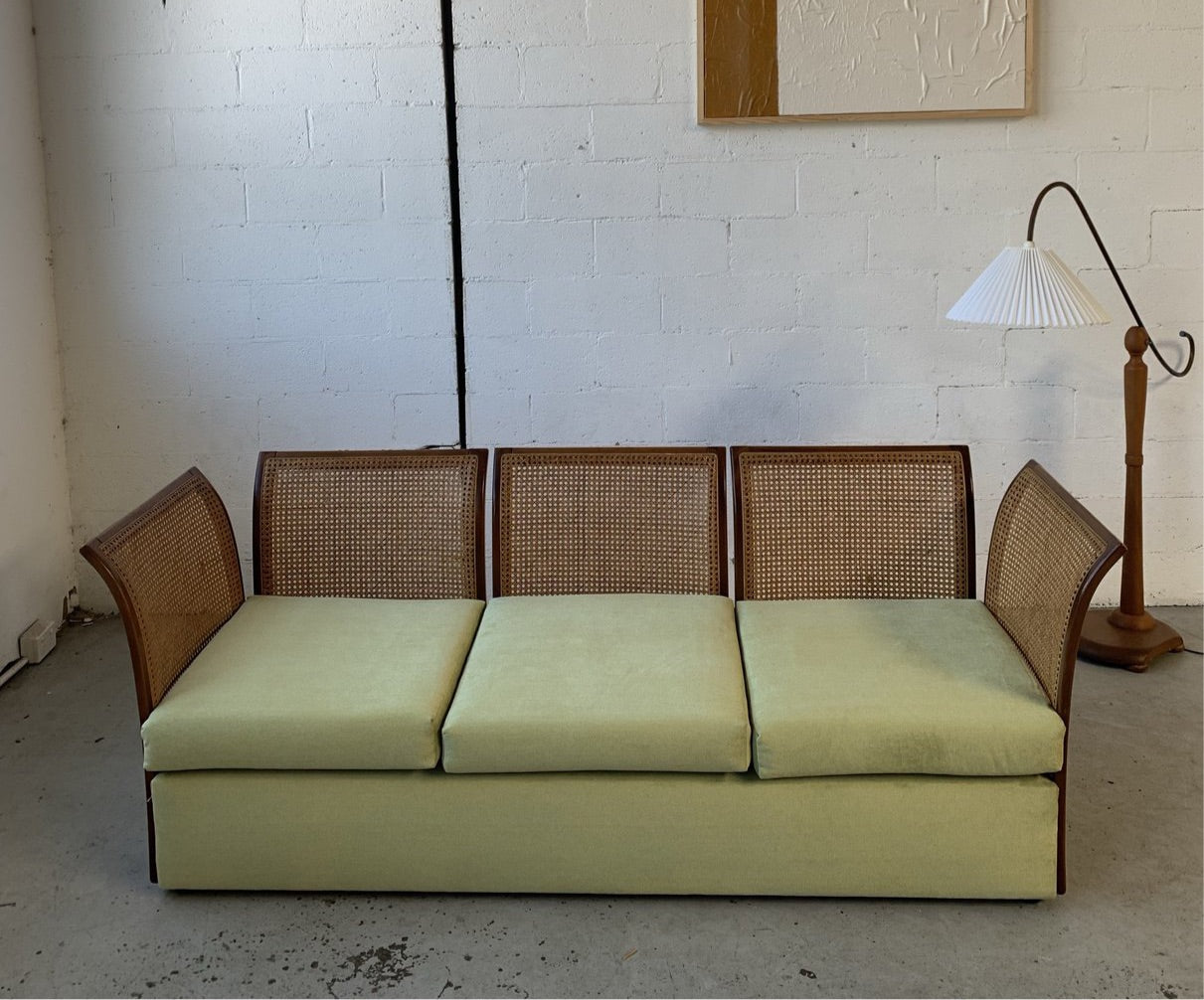 Refurbished Velvet & Rattan Sofa, Circa 1960-70