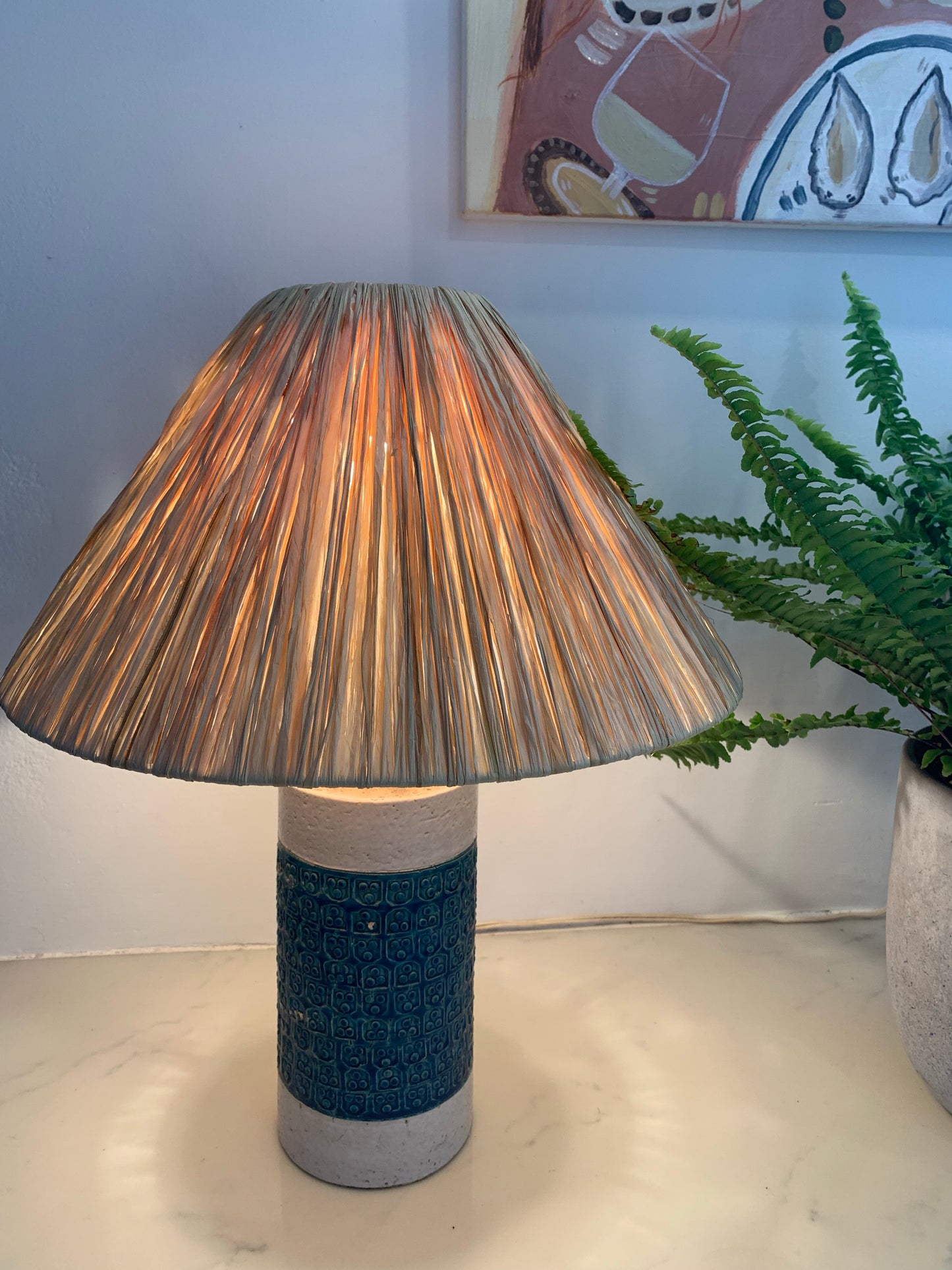 Vintage Italian Ceramic Lamp With Raffia Shade
