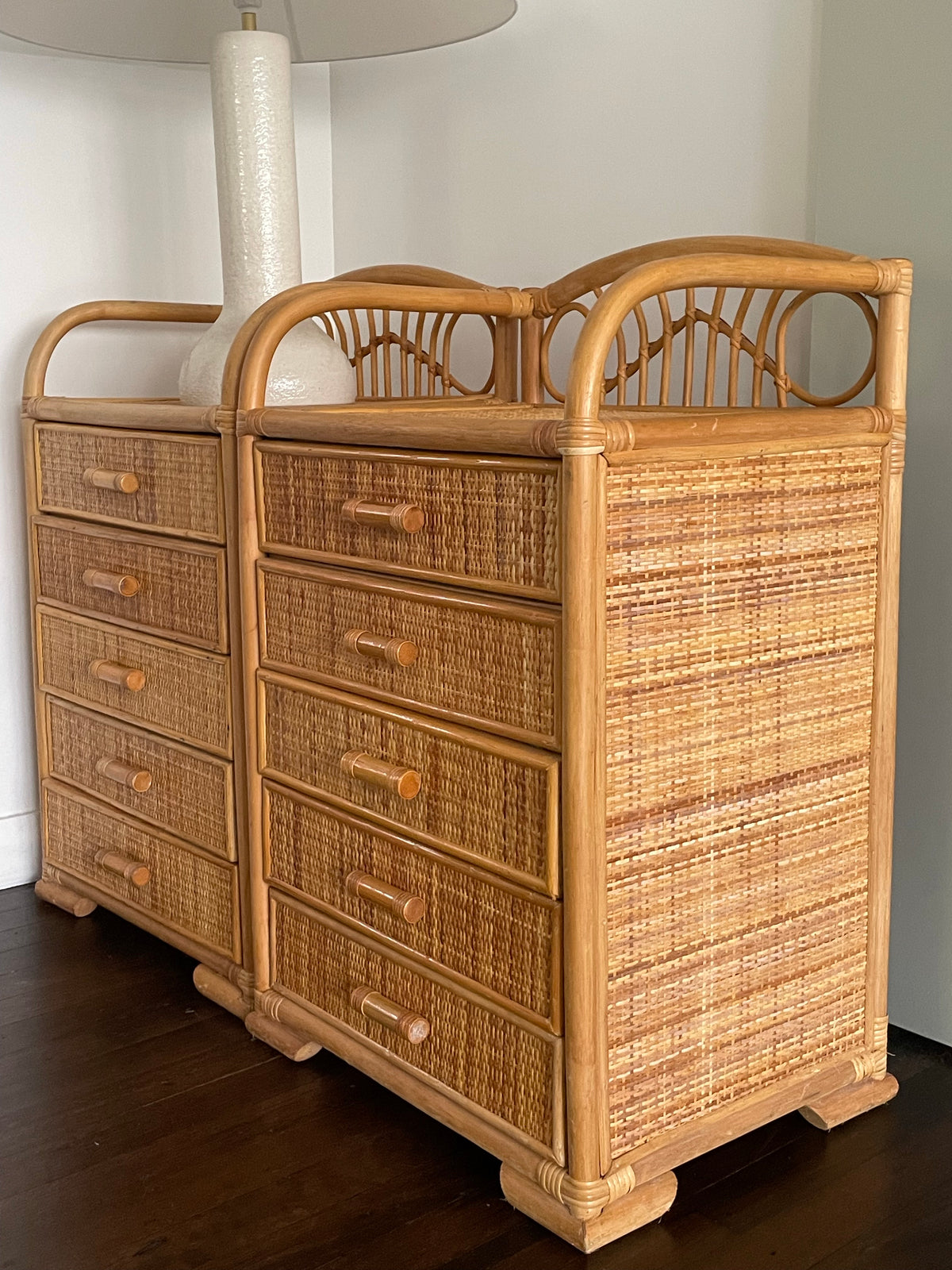 Pair of vintage cane bedside tables