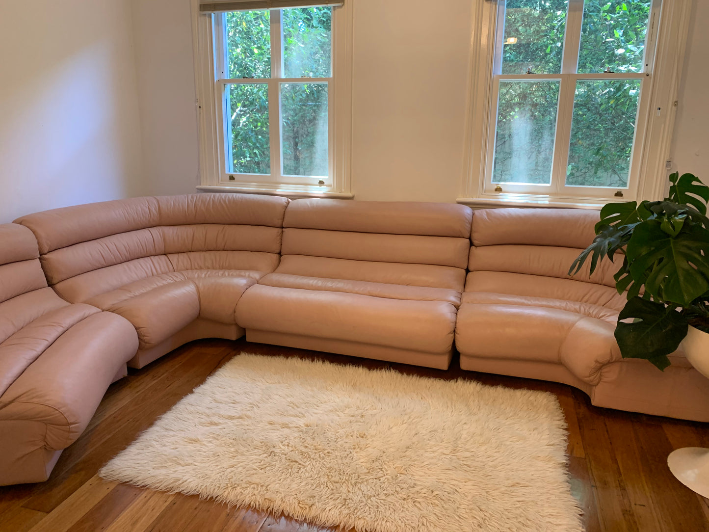 Vintage Modular Curved Blush Pink Leather Sofa