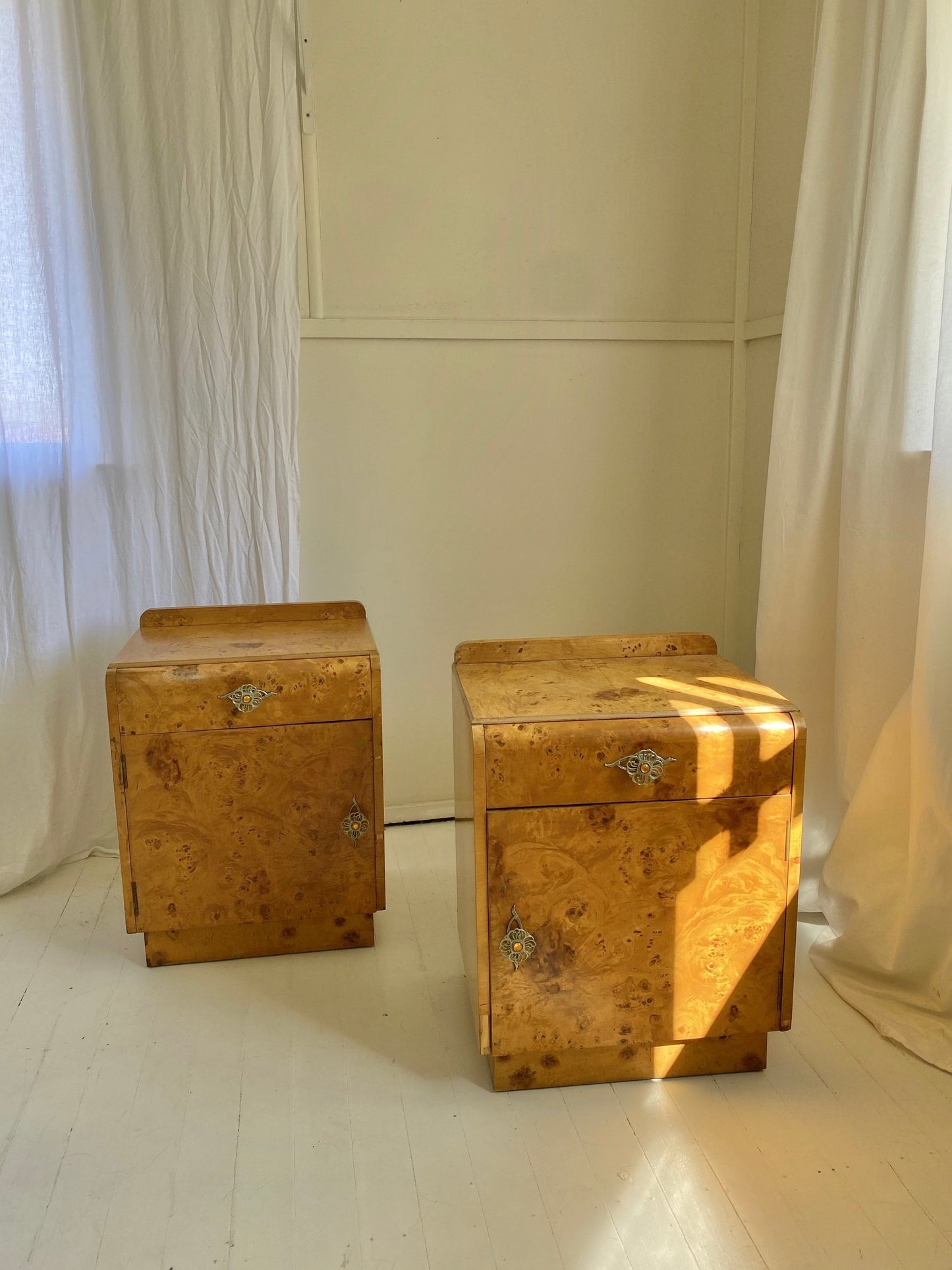Pair of Maple Burl Bedside Tables