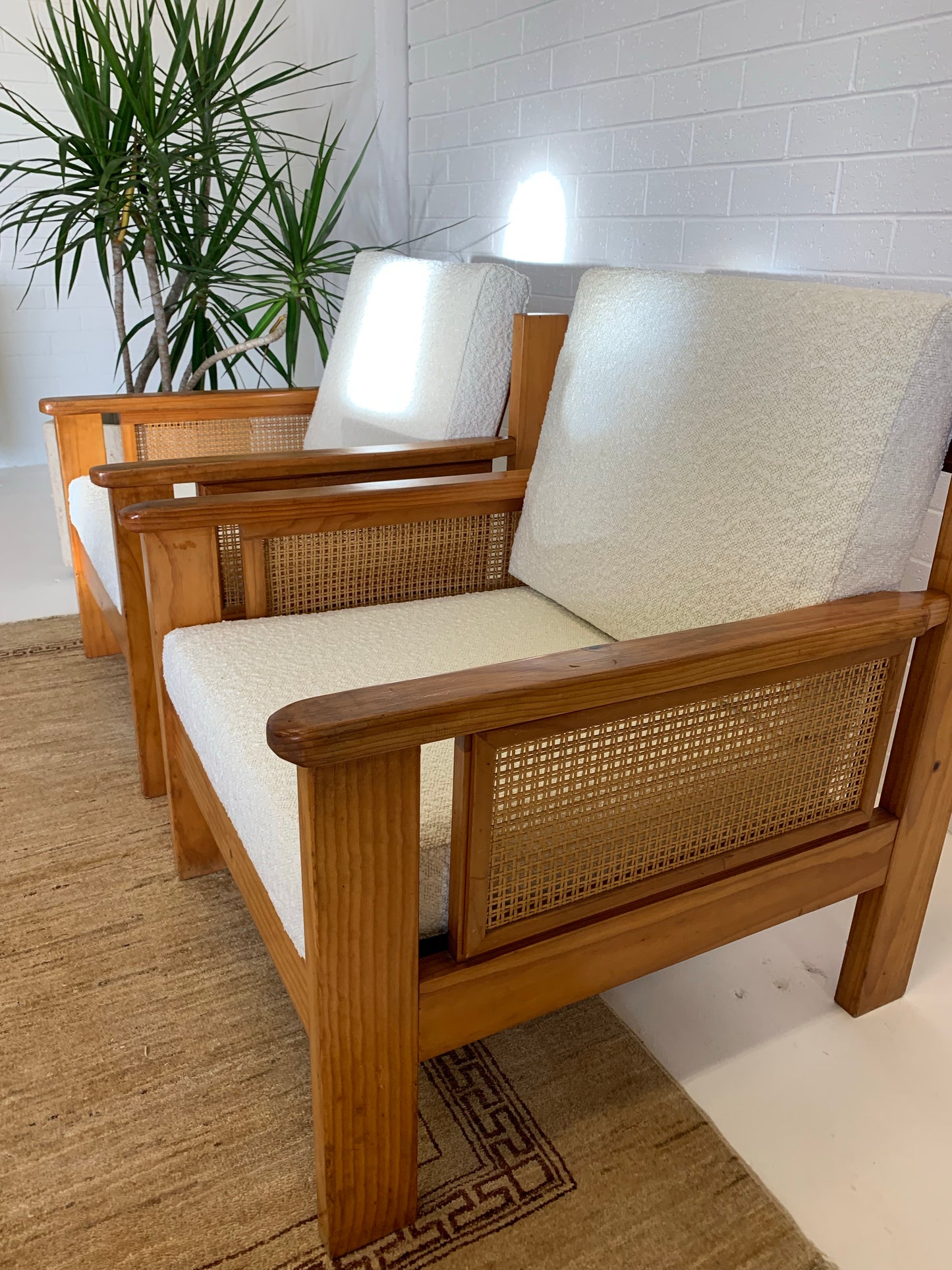 Pine and Rattan Boucle Armchair - Two Available