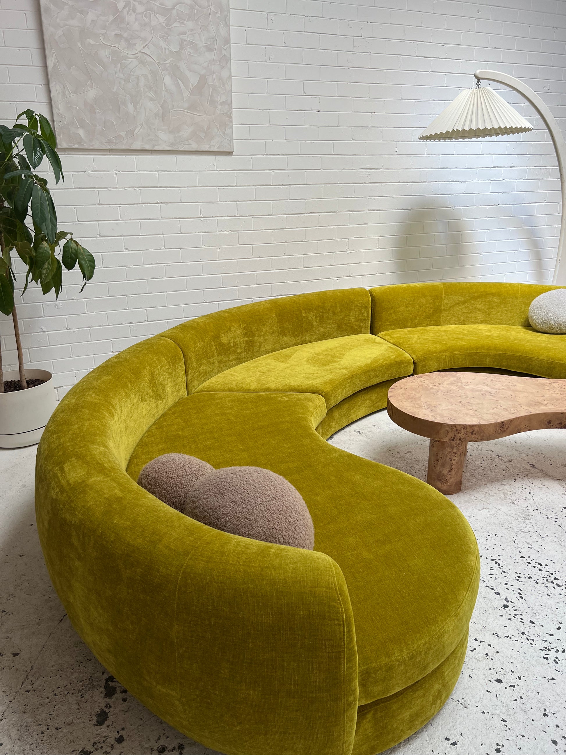 Bespoke Large Chartreuse Velvet Curved Modular Sofa Curated Spaces