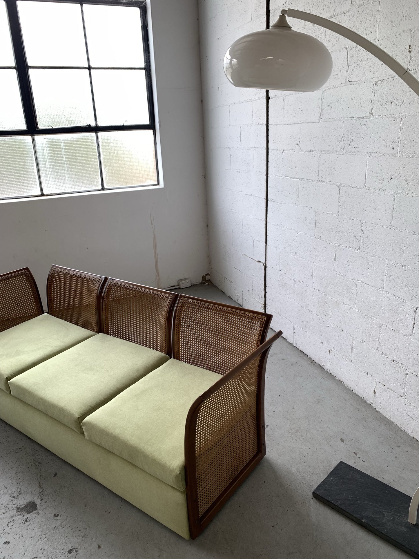 Refurbished Velvet & Rattan Sofa, Circa 1960-70