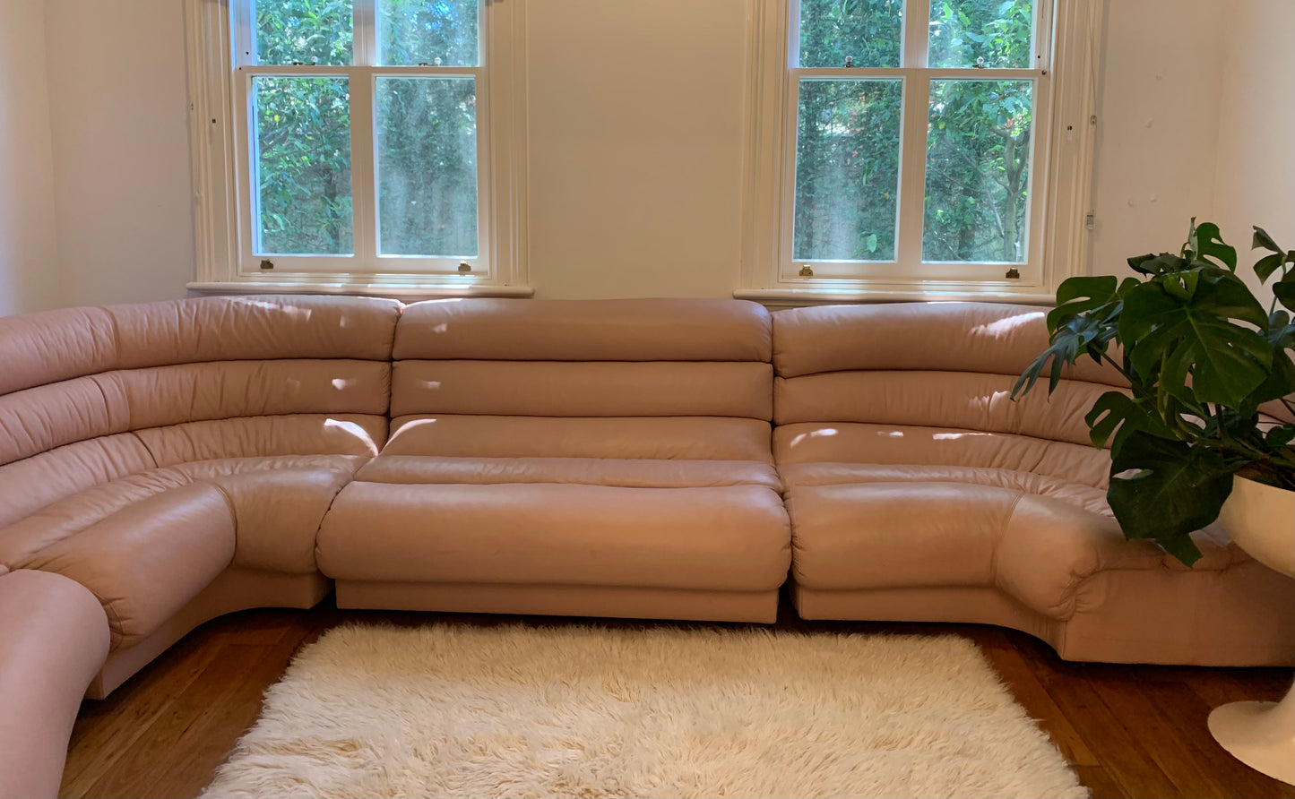 Vintage Modular Curved Blush Pink Leather Sofa