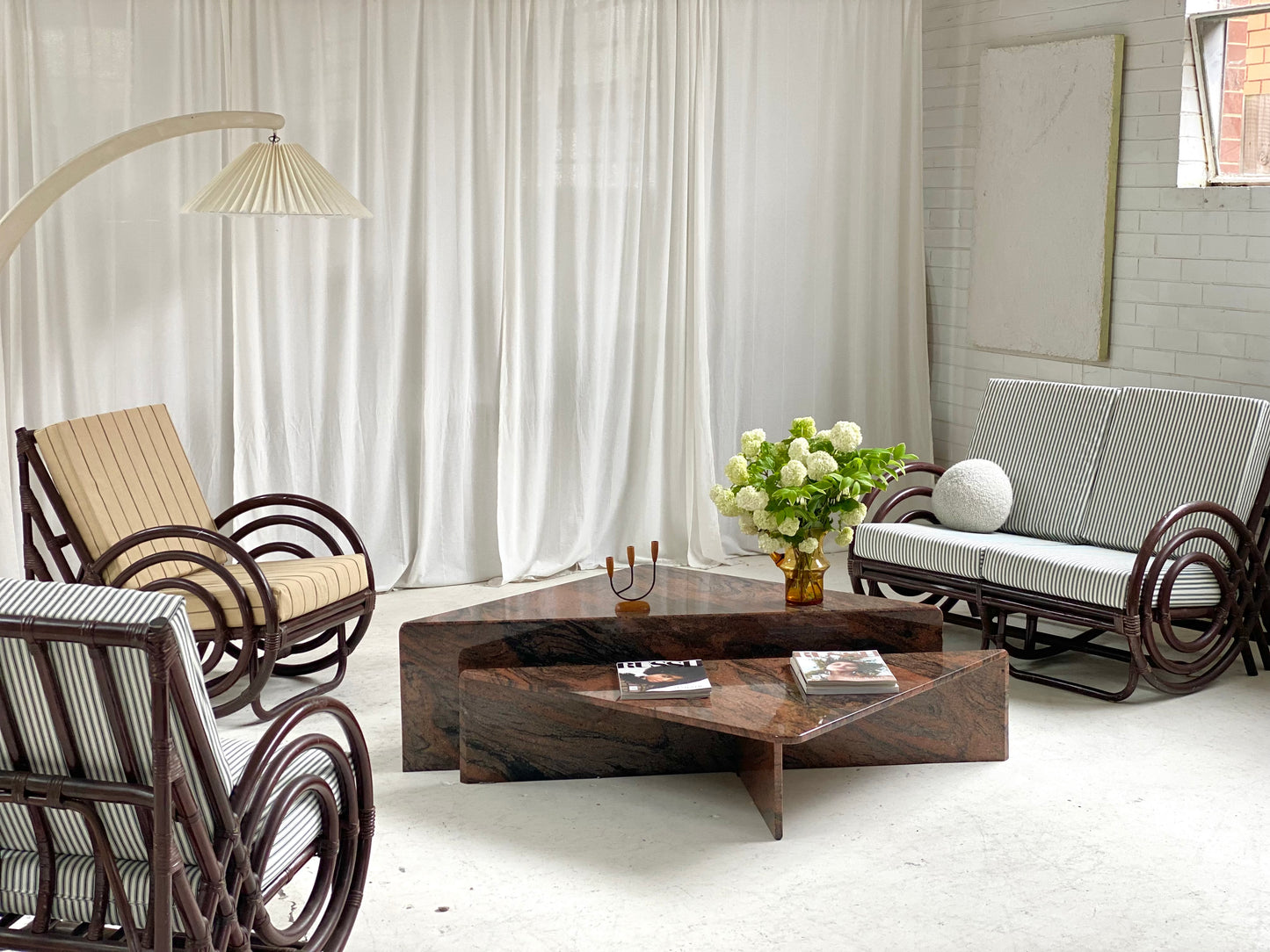 Vintage Dark Bamboo Armchair - Coffee Stripe