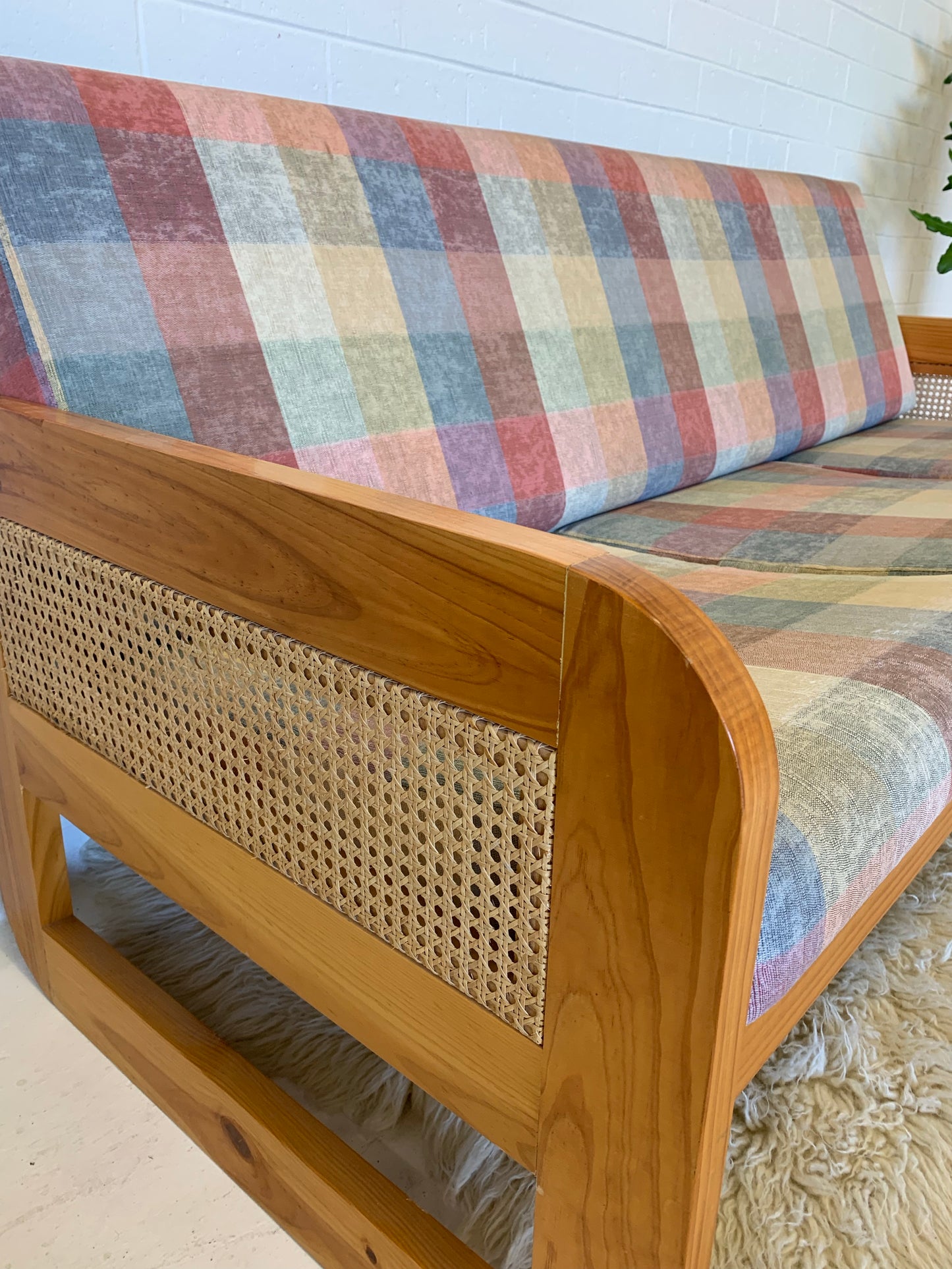 Vintage Pine and Rattan Sofa