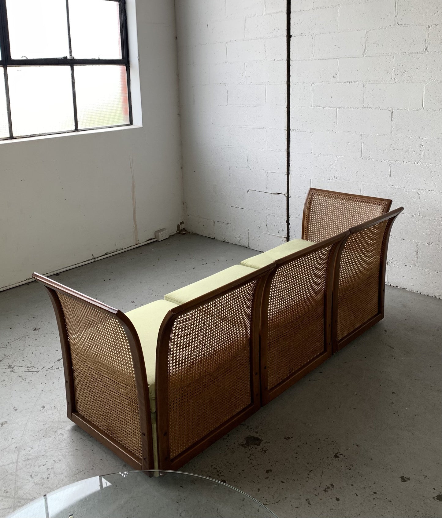 Refurbished Velvet & Rattan Sofa, Circa 1960-70