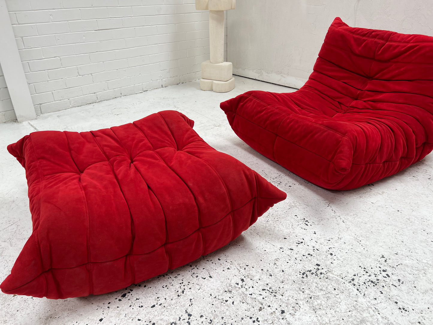 Vintage Ligne Roset Togo Fireside & Ottoman Set - Red Suede