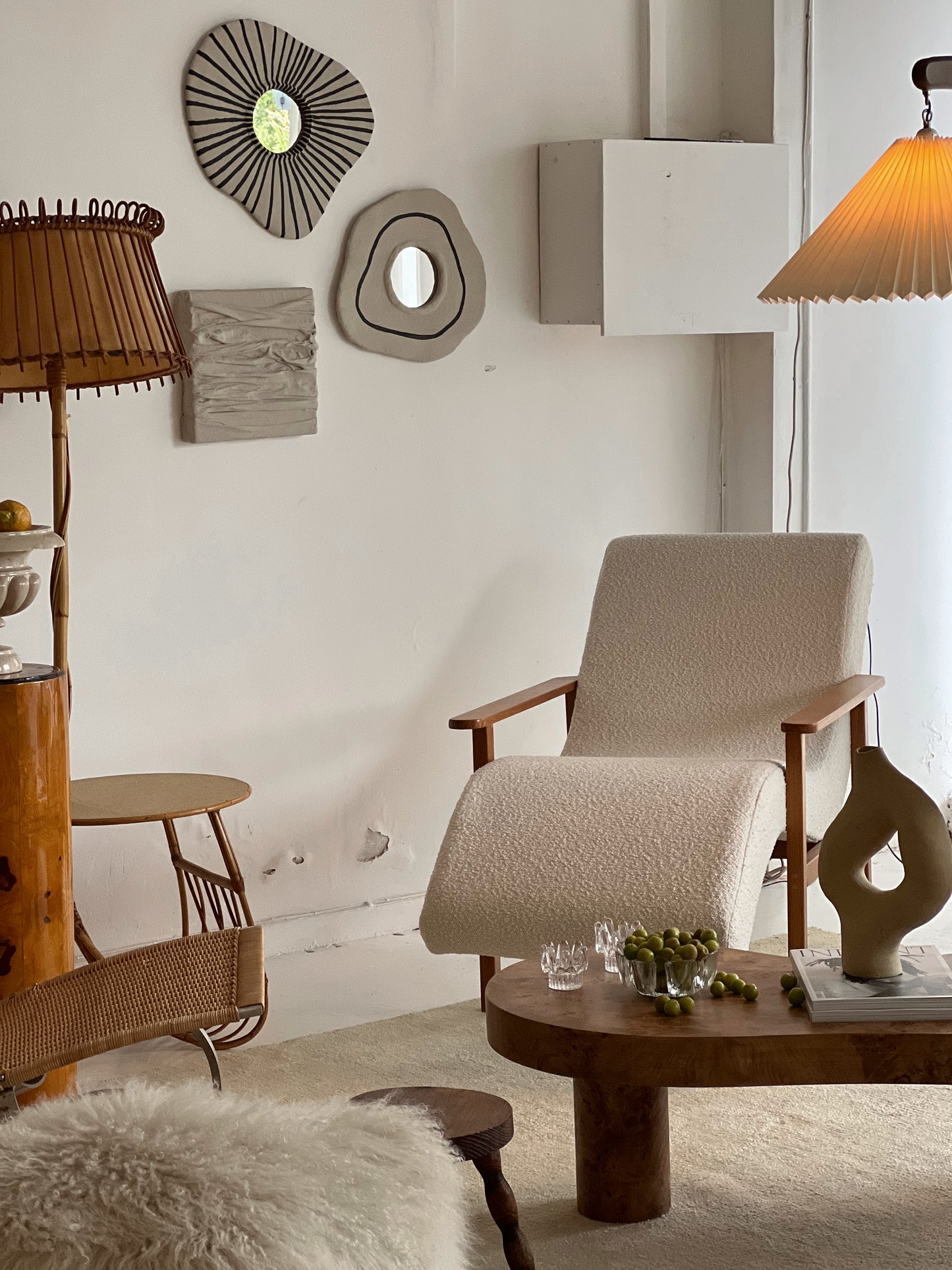 Sculptural Boucle & Wooden Chaise Lounge Chair
