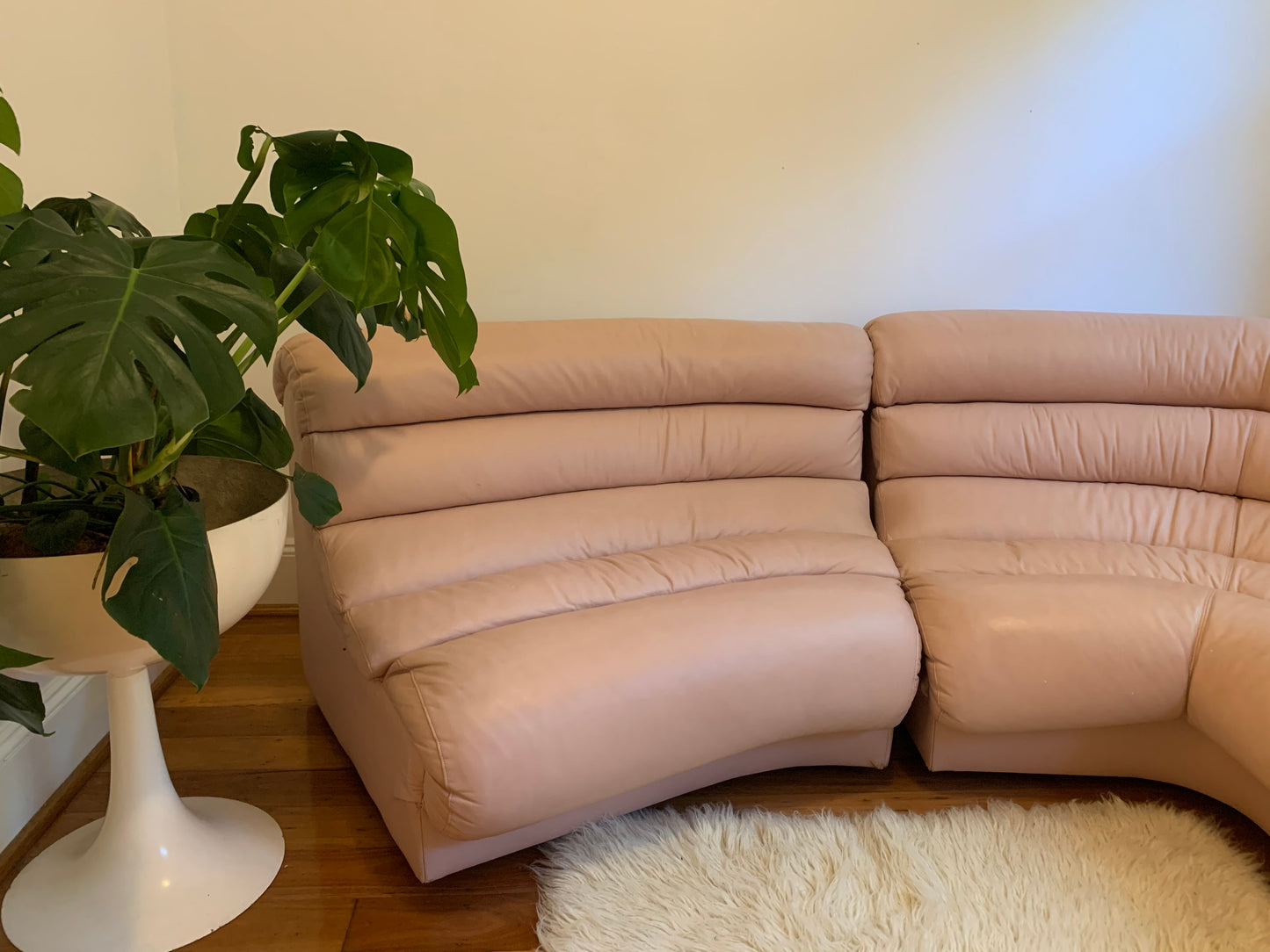 Vintage Modular Curved Blush Pink Leather Sofa