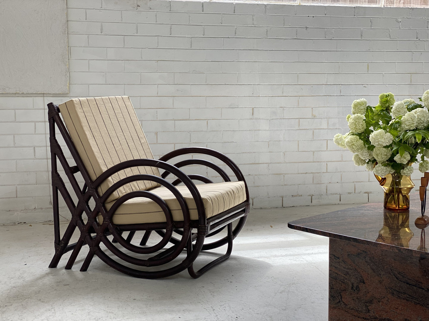 Vintage Dark Bamboo Armchair - Coffee Stripe