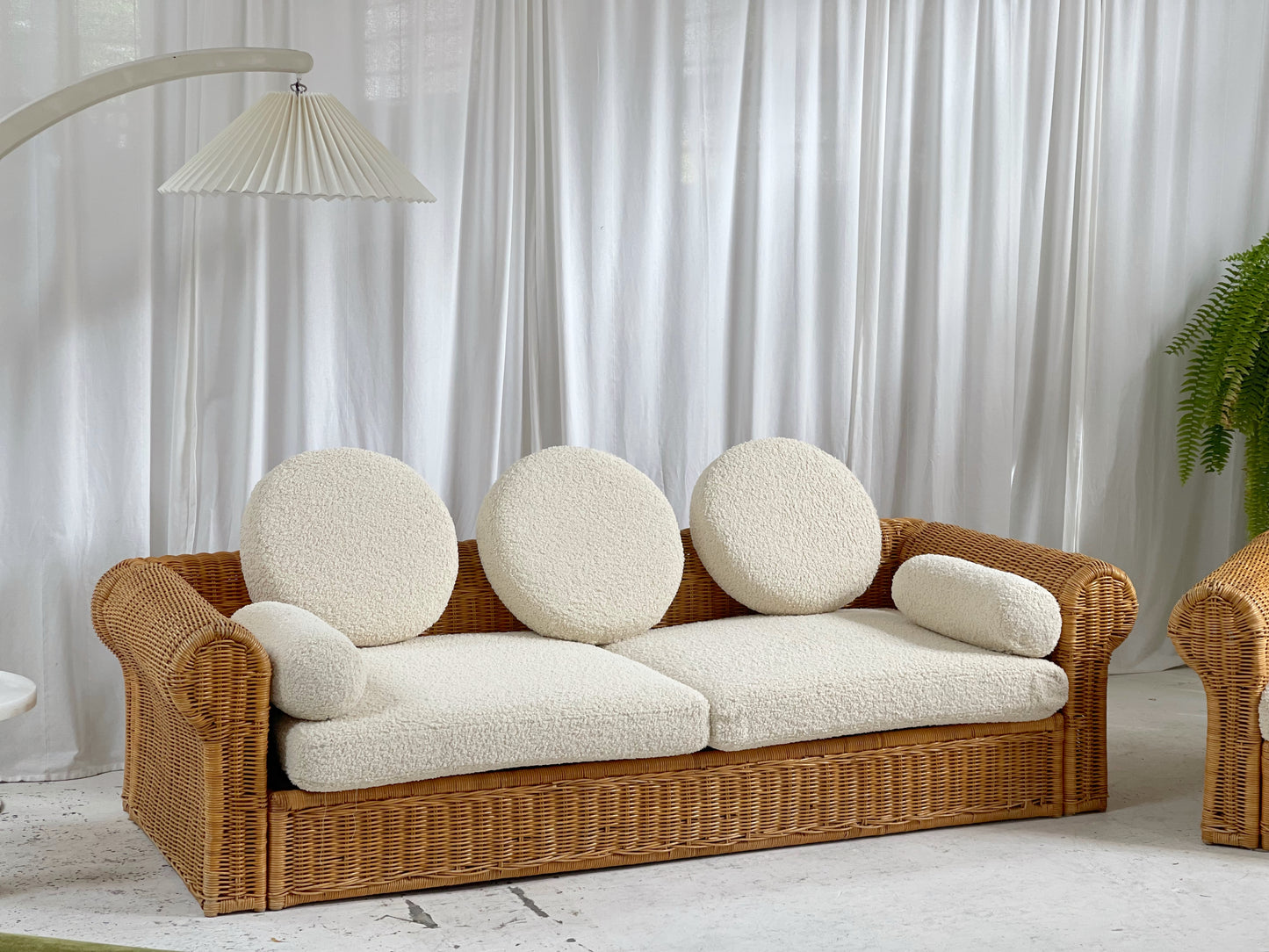 Vintage Cane and Boucle Lounge / Day Bed