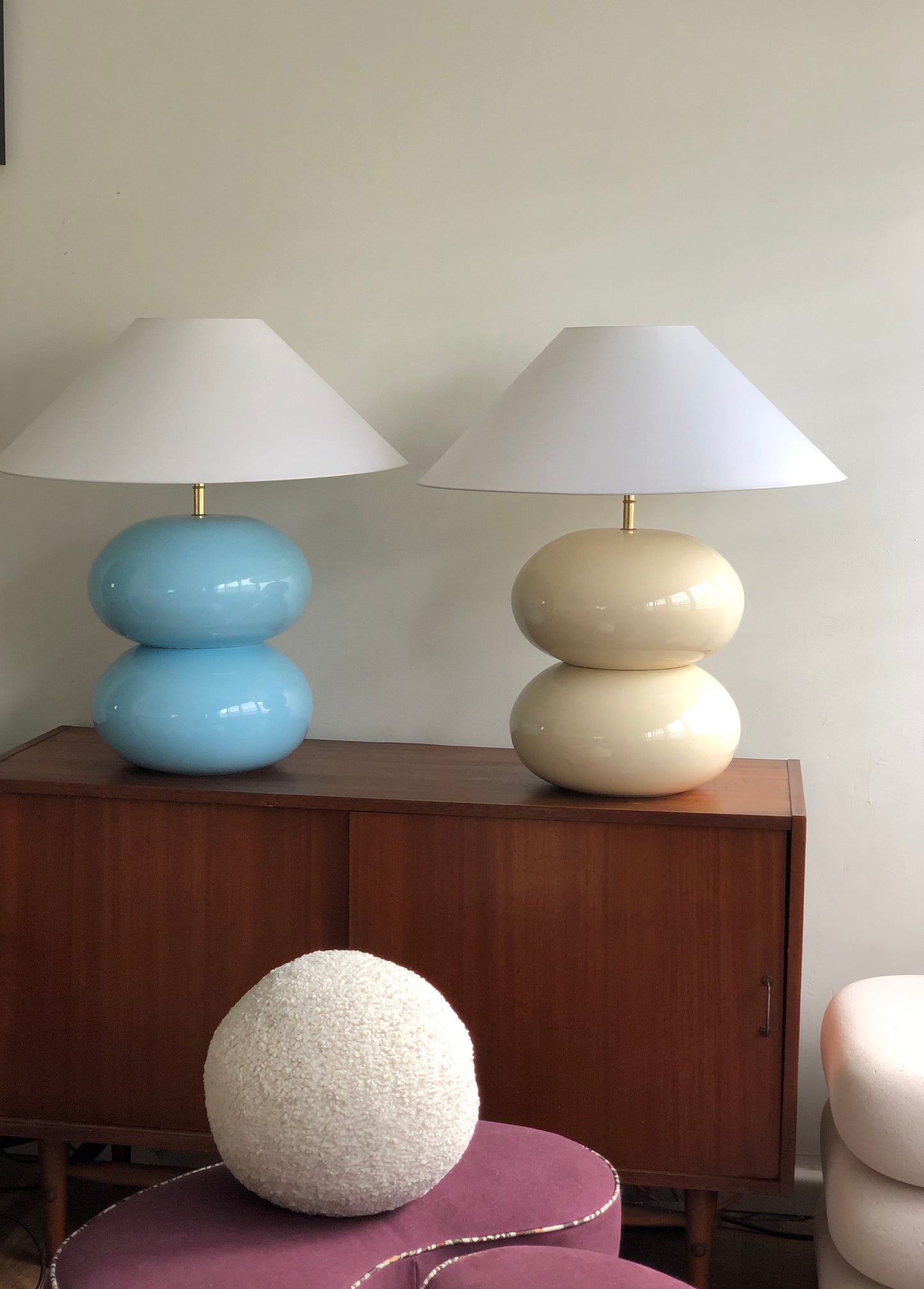Powder Blue Double Bubble Lamp with White Conical Shade