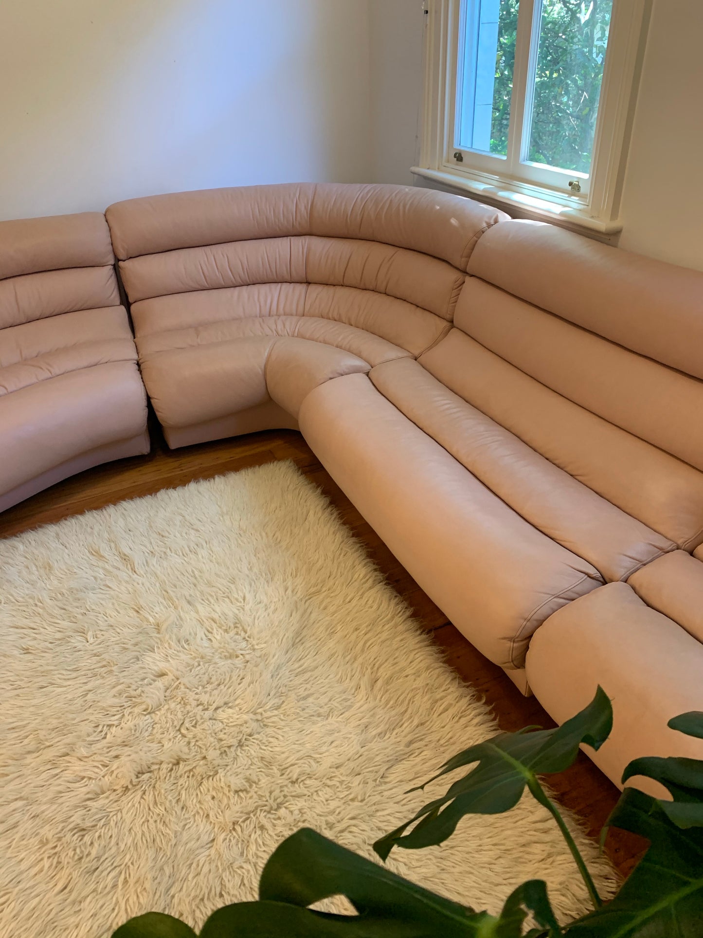 Vintage Modular Curved Blush Pink Leather Sofa