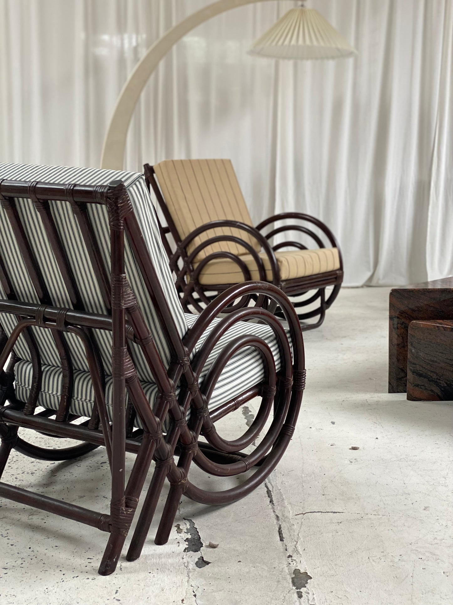 Vintage Dark Bamboo Armchair - Coffee Stripe